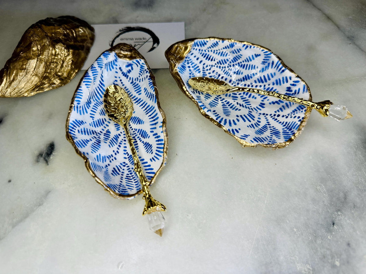 Sustainable Blue Floral Dorset Oyster Shell Salt & Pepper Dishes | Marimekko-Inspired Blue Flower Dishes | Coastal Gift Set with spoons
