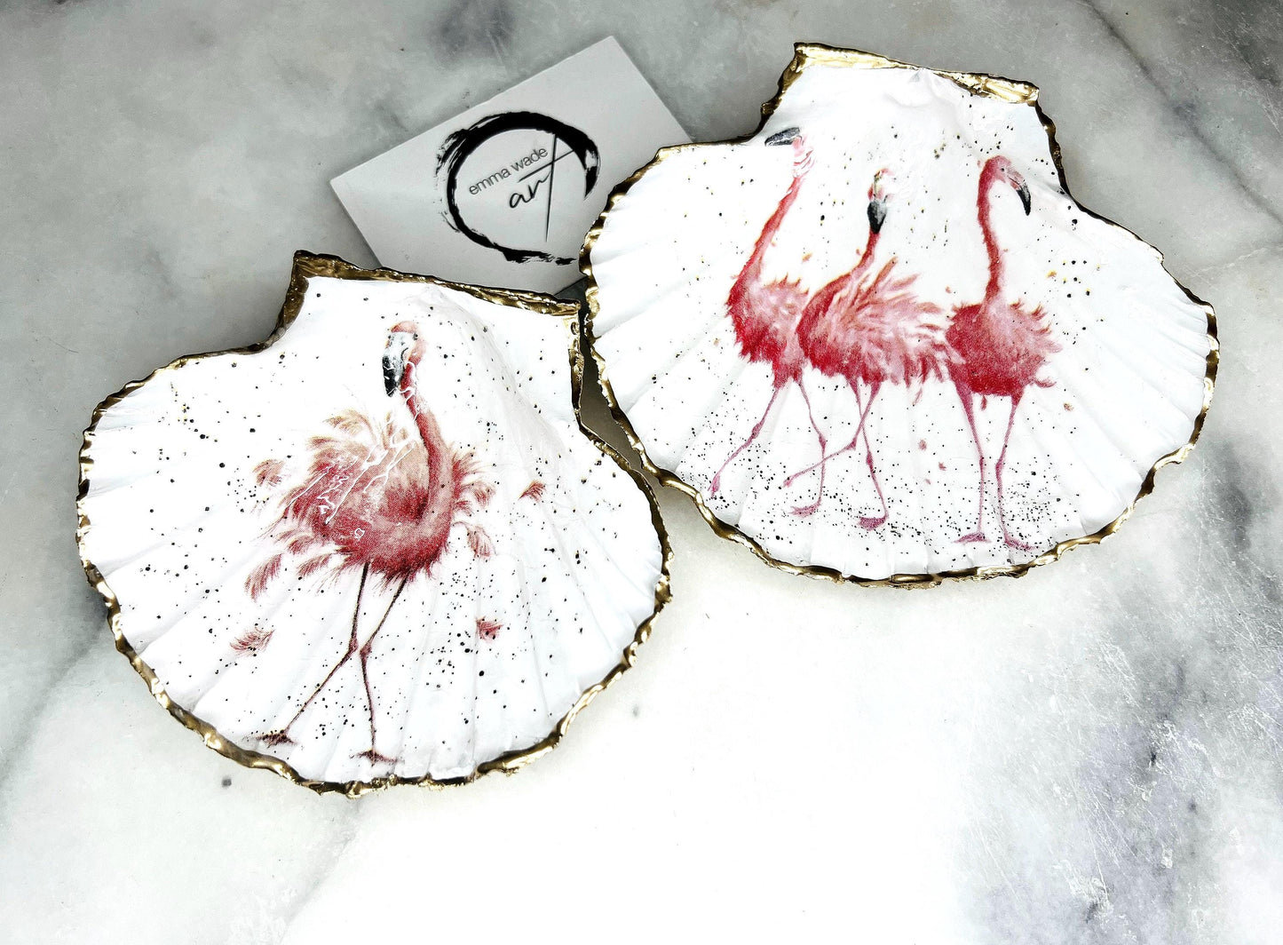 pink flamingo gift, Flamingo art, Decoupage scallop, shell trinket dish, jewellery shell dish, gift for her, ring carrier dish, coastal decor, shell Decor, pink bird dish, nature lover gift, coastal gift, gift for her, decorated dish, jewelry trinket dish, decoupage scallop shell, coastal decor by EmmaWadeART, ocean jewelry dish, ocean decor, shell trinket tray, scallop trinket tray, shell art, handmade trinket dish, gold gilded dish, proposal dish, ring dish display, ring bearer dish