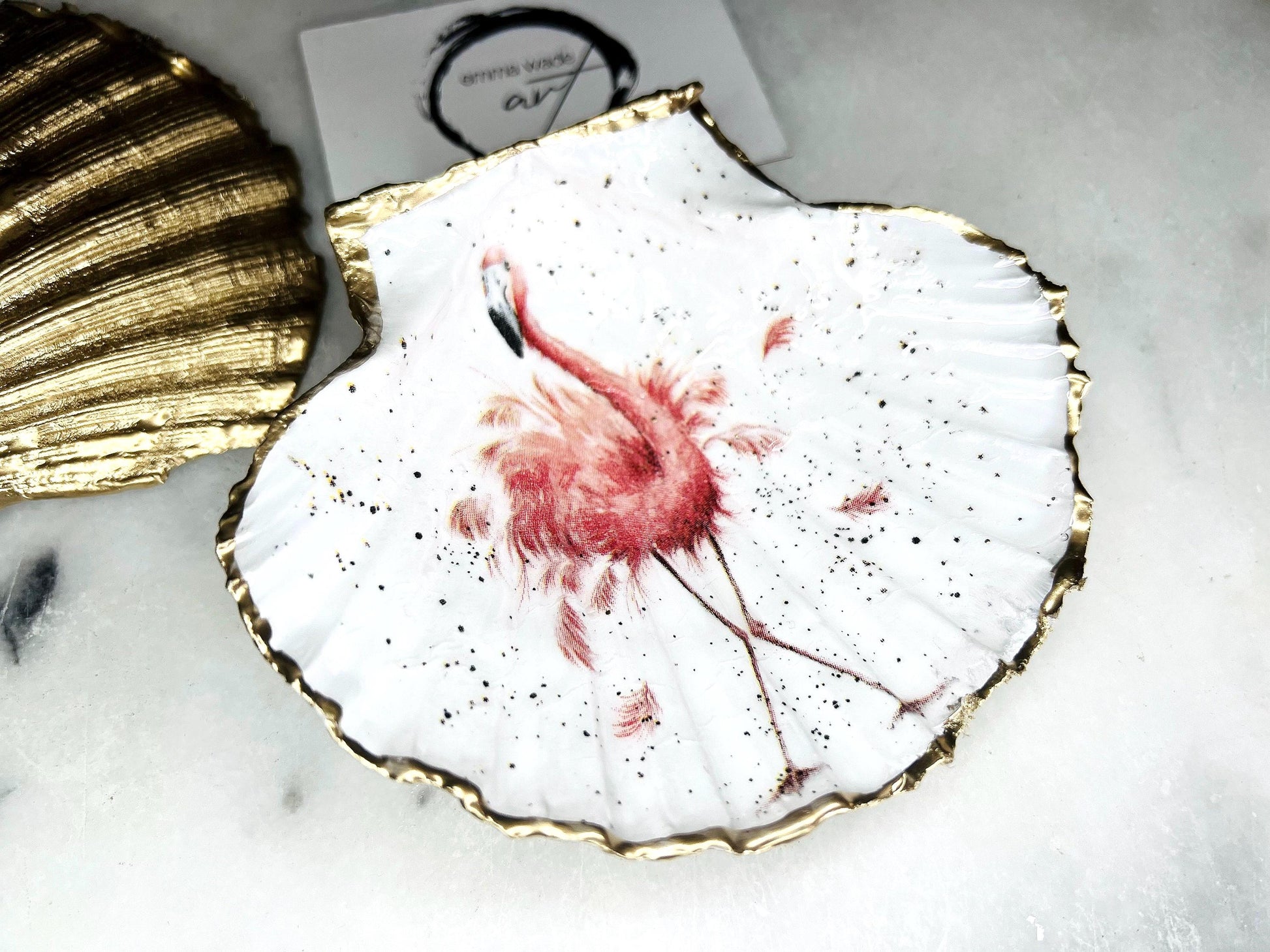 pink flamingo gift, Flamingo art, Decoupage scallop, shell trinket dish, jewellery shell dish, gift for her, ring carrier dish, coastal decor, shell Decor, pink bird dish, nature lover gift, coastal gift, gift for her, decorated dish, jewelry trinket dish, decoupage scallop shell, coastal decor by EmmaWadeART, ocean jewelry dish, ocean decor, shell trinket tray, scallop trinket tray, shell art, handmade trinket dish, gold gilded dish, proposal dish, ring dish display, ring bearer dish