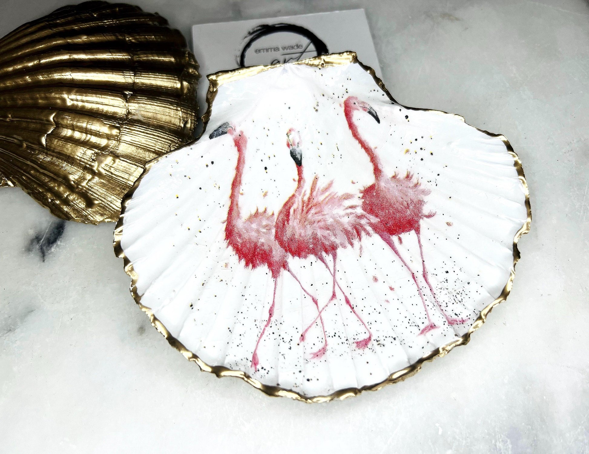 pink flamingo gift, Flamingo art, Decoupage scallop, shell trinket dish, jewellery shell dish, gift for her, ring carrier dish, coastal decor, shell Decor, pink bird dish, nature lover gift, coastal gift, gift for her, decorated dish, jewelry trinket dish, decoupage scallop shell, coastal decor by EmmaWadeART, ocean jewelry dish, ocean decor, shell trinket tray, scallop trinket tray, shell art, handmade trinket dish, gold gilded dish, proposal dish, ring dish display, ring bearer dish