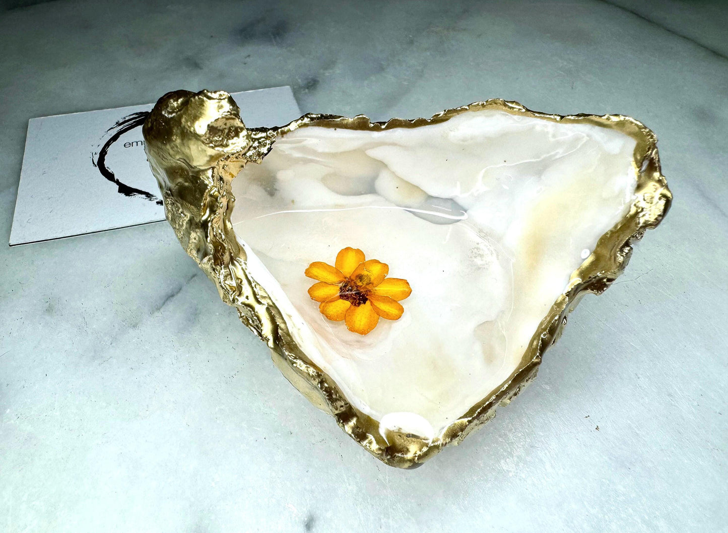 Gold Leaf Oyster Shell Ring Dish: Dorset Pearl Finish with Real Flower