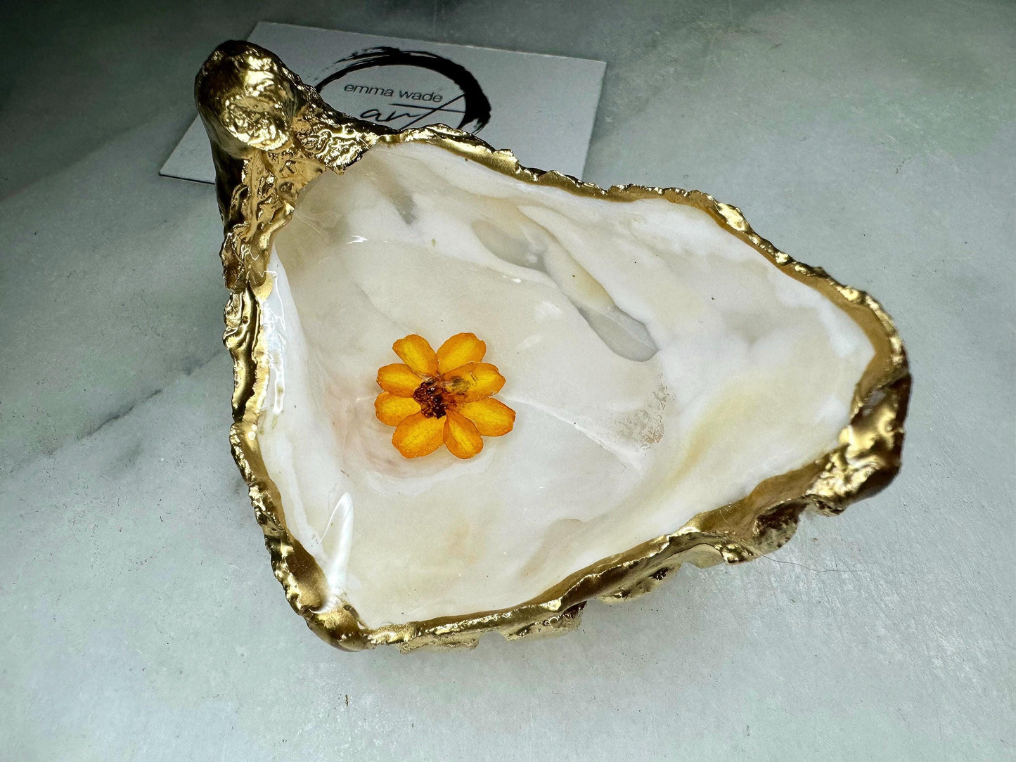 Gold Leaf Oyster Shell Ring Dish: Dorset Pearl Finish with Real Flower