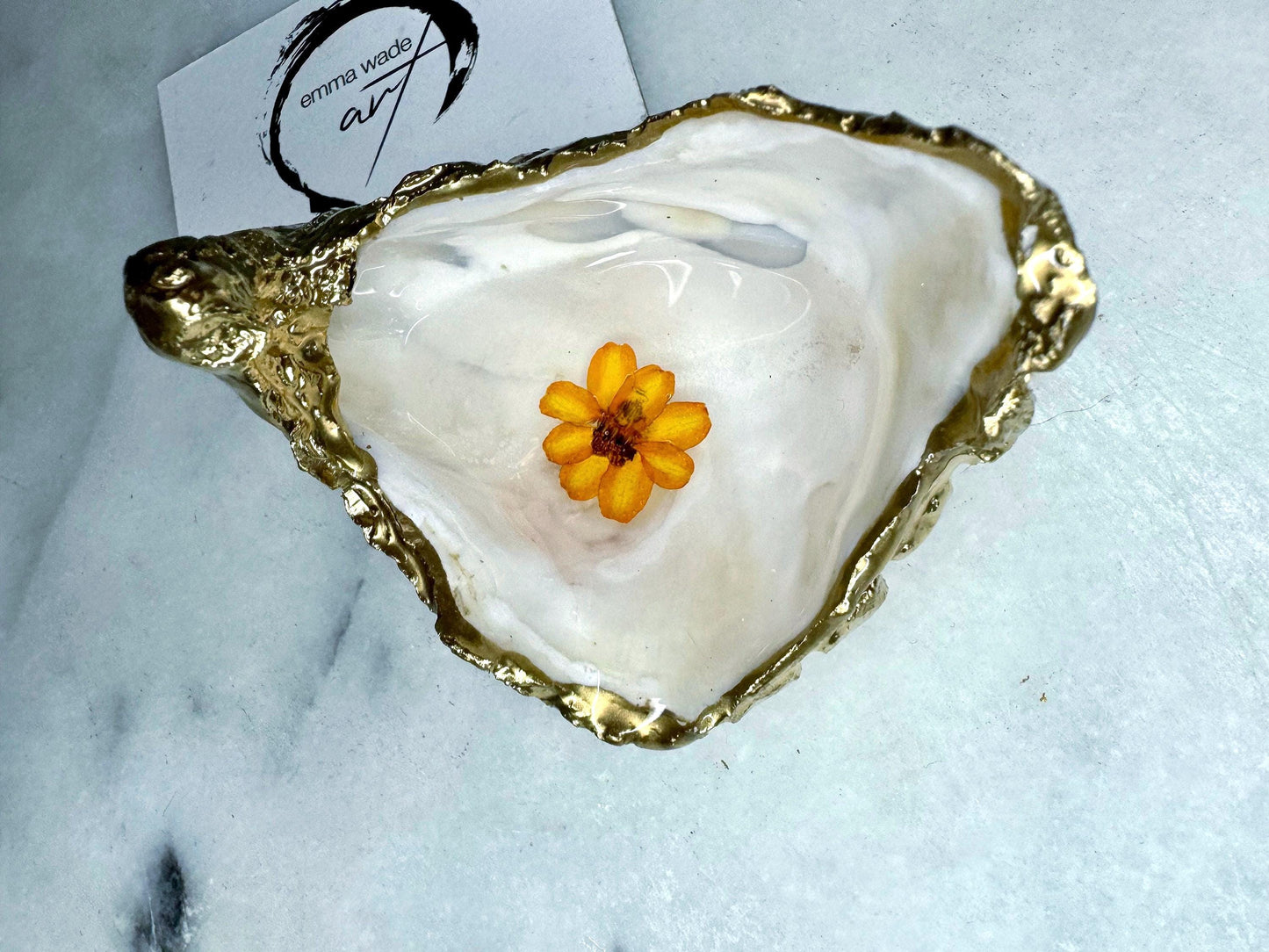 Gold Leaf Oyster Shell Ring Dish: Dorset Pearl Finish with Real Flower