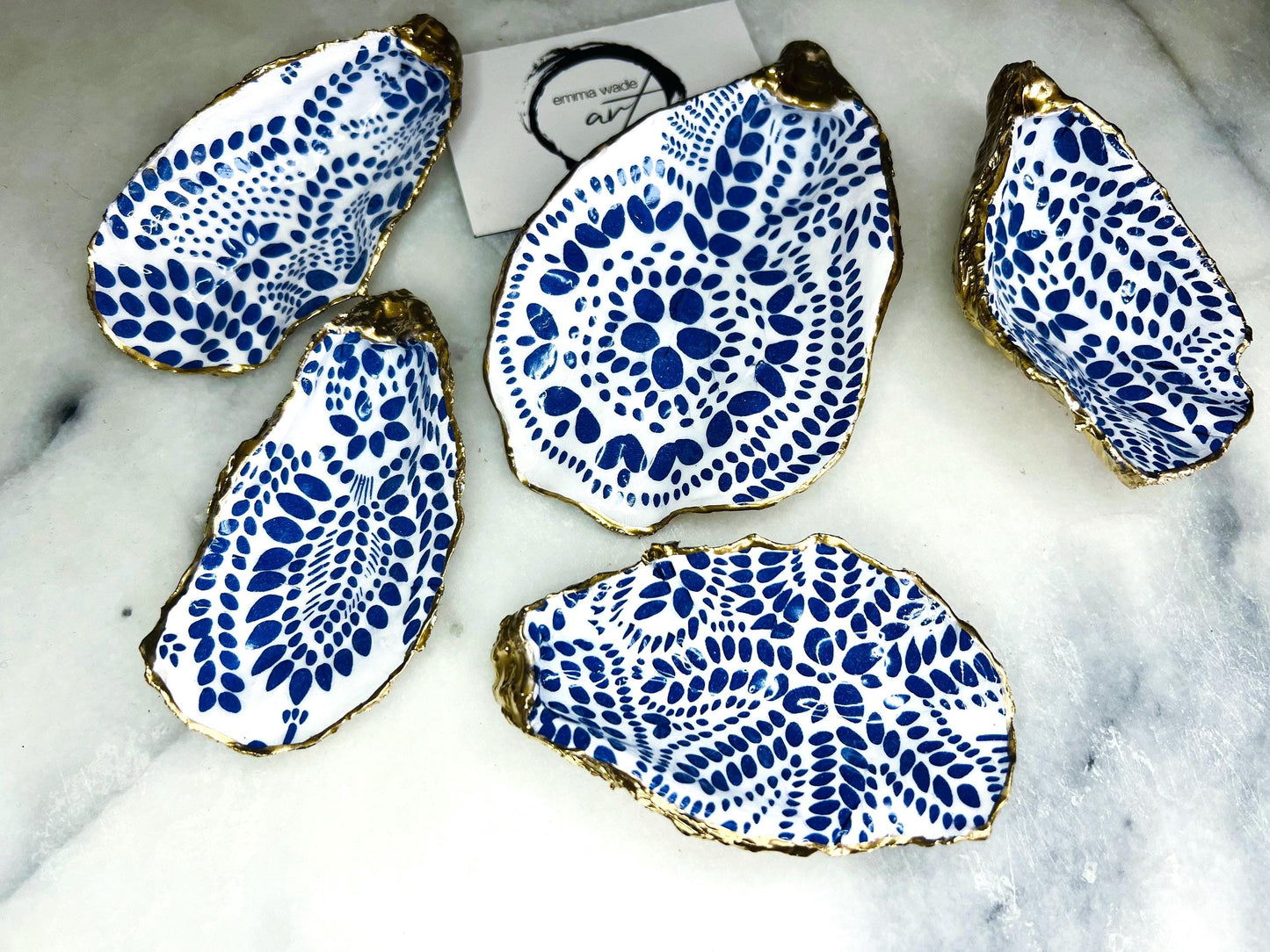 Scandanavian Marimekko Blue Floral Dorset Oyster Shell Trinket Dish: Gold Leaf Shell Ring Holder, Coastal Gift, Handmade Shell Dish
