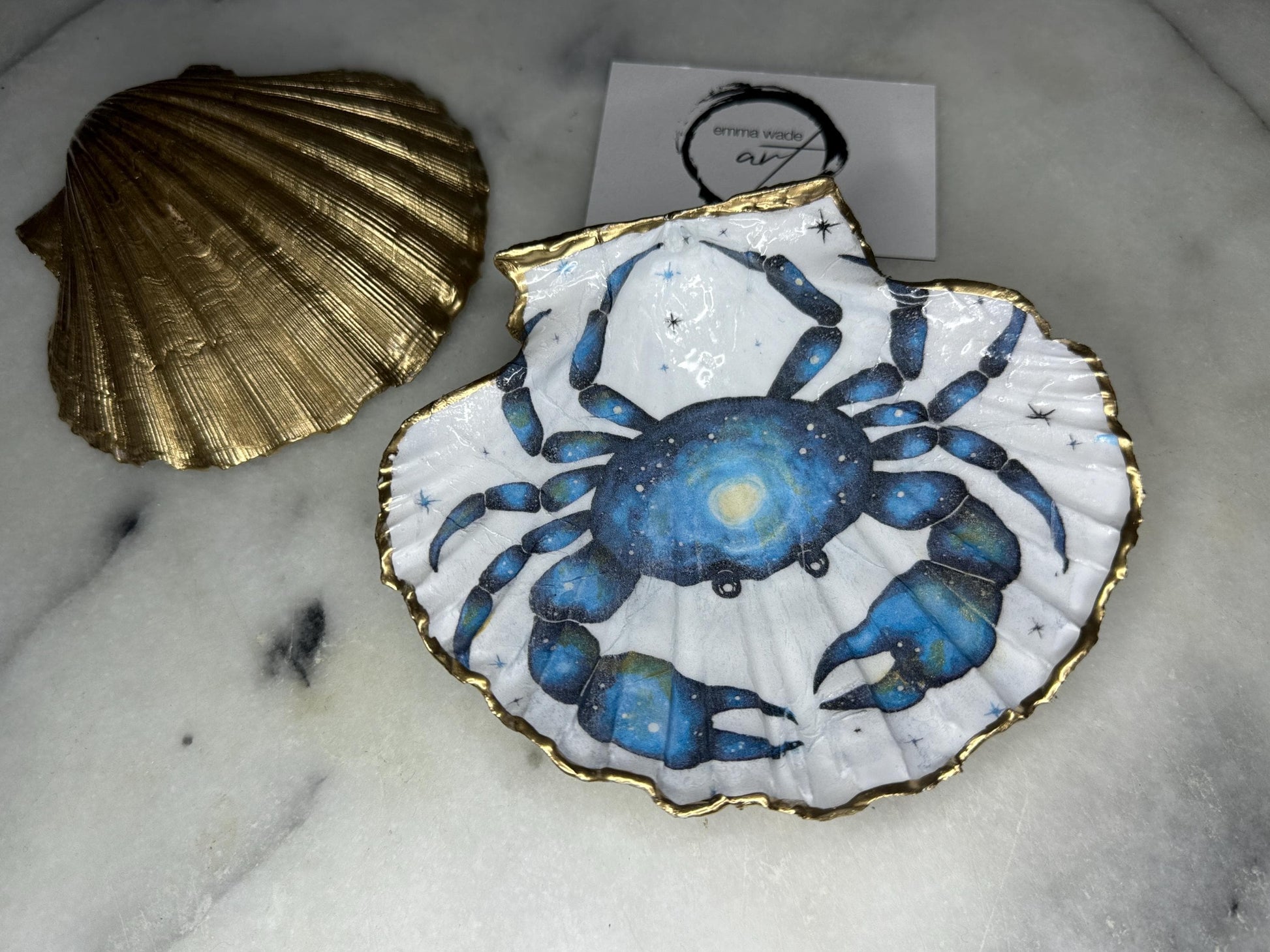 Hand Illustrated Blue Octopus Scallop Shell Trinket Dish: Shell Ring Tray | Coastal Decor | Beach Gift