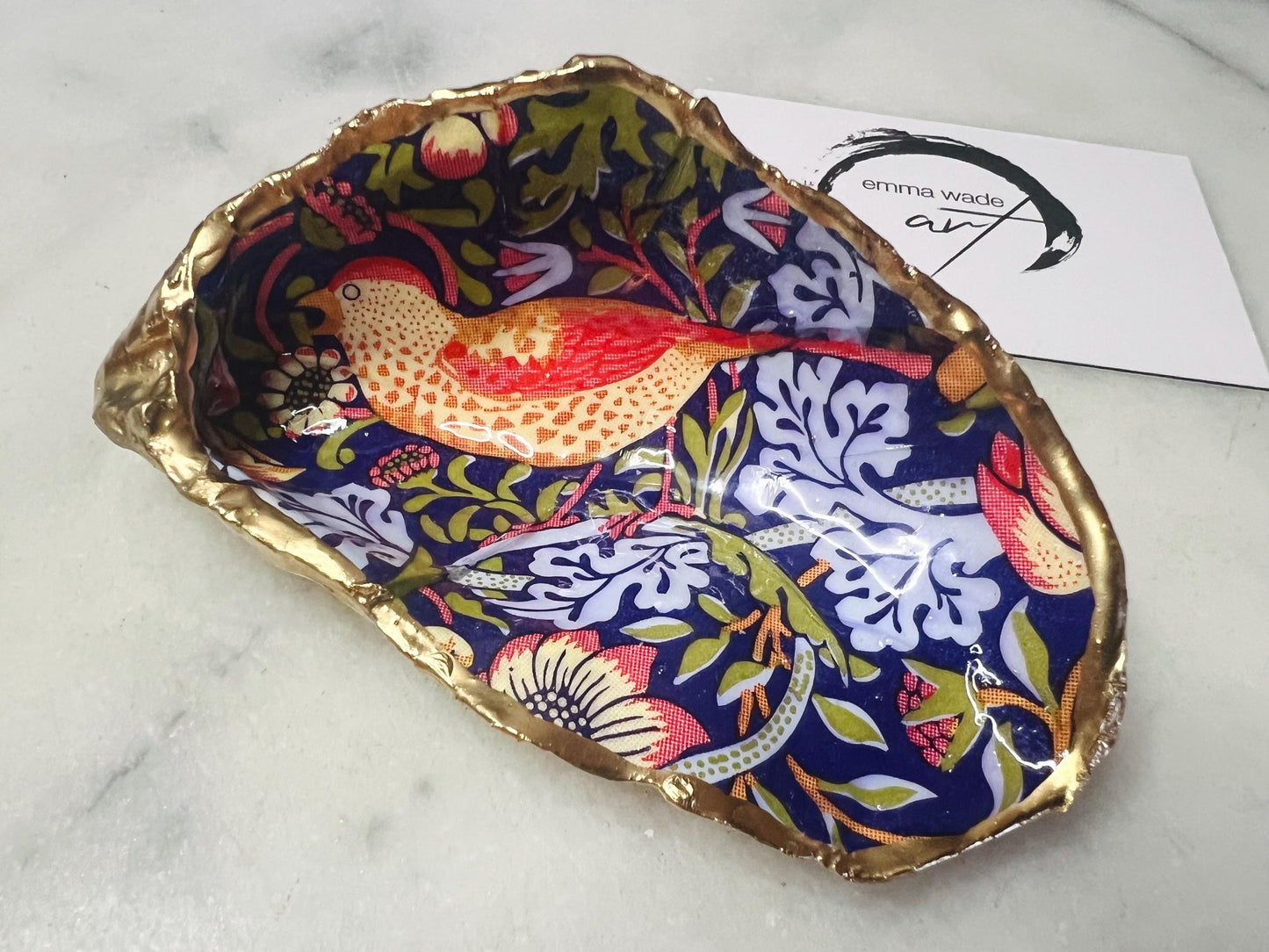 William Morris strawberry thief gift, Trinket dishes gold finish, gold leaf trinket tray, shell oyster dish, personalised oyster shell trinket, decorative oyster shells, William Morris key bowl, green and gold dishes, Bird ring dish, golden trinket dish, bride oyster dish, shell jewellery bowl, decoupaged earrings dish, shell art trinket, art dish, Gold shell trinket, painted shell with gold, shell jewellery dish, Emma Wade art, Proposal Ring Tray, Painted Key Bowl, Bride Oyster Dish