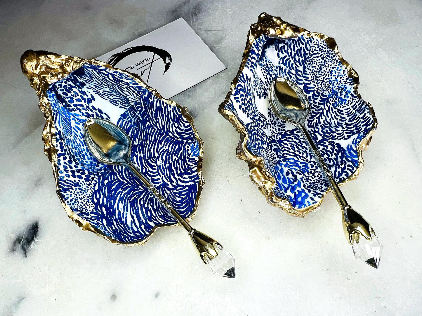 Pair of Finnish Marimekko Oyster Shell Salt and Pepper Pinch Pots: Gold Spoons Optional, Blue Floral Shell Cruet Set, Coastal Salt Gift