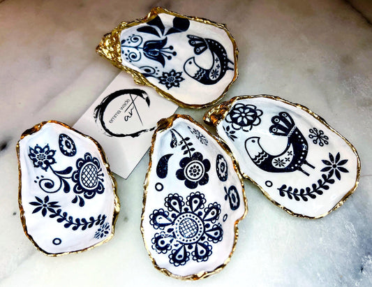 Marimekko flowers and birds oyster shell trinket dish, handmade coastal décor, Dorset shell jewellery holder, gold leaf gilded ornament, unique ocean-inspired gift, oyster shell ring dish, wedding favour, anniversary gift, handmade eco-friendly shell bowl, nautical bathroom accessory, salt and pepper pinch pot, tea light holder, sustainable oyster shell art, luxury coastal tableware, perfect gift for nature and design lovers.