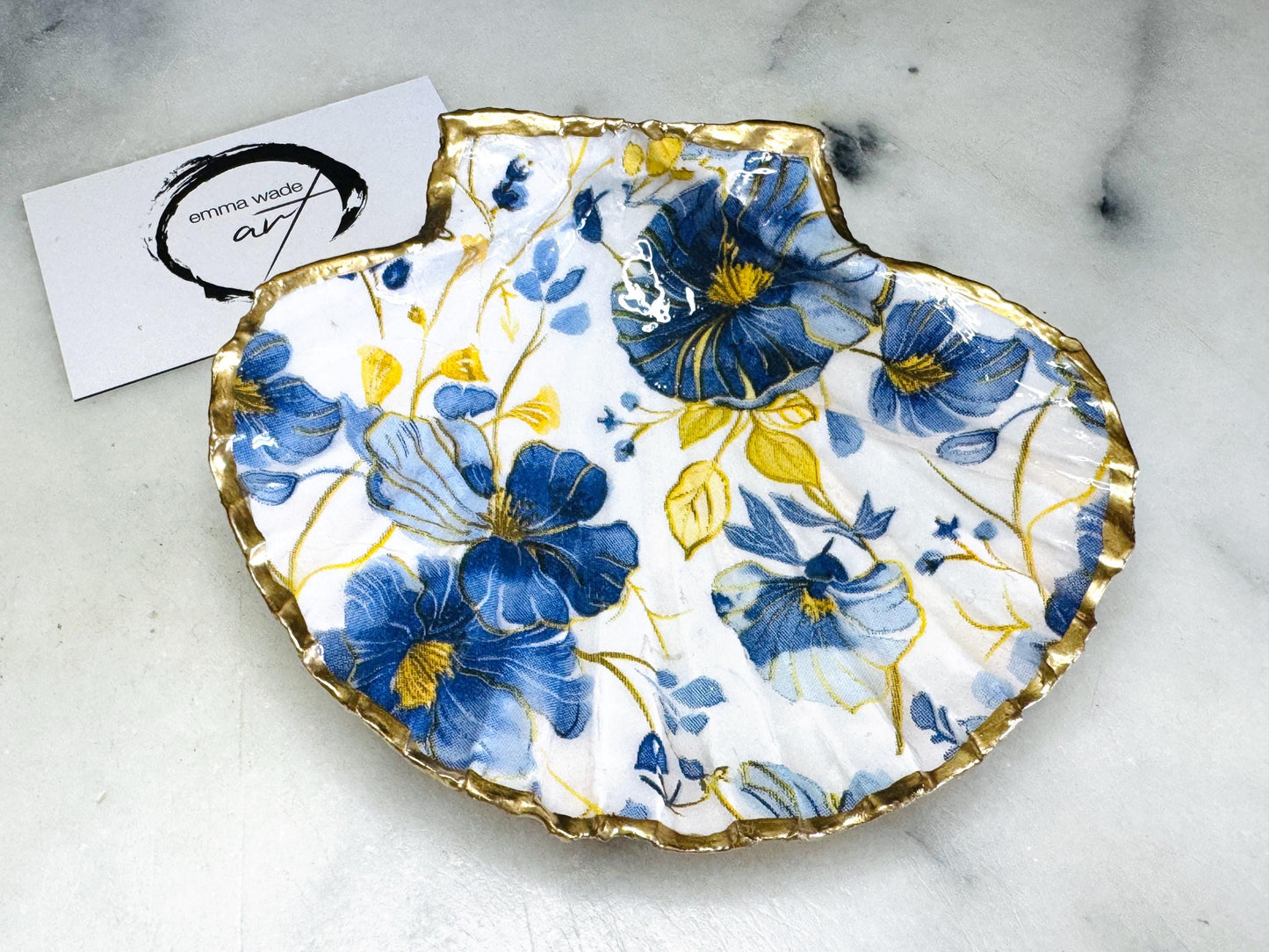 Gift for her, Gift for him, Spring gift, decoupaged scallop shell, Ring holder, Shell scallop Jewellery dish, Trinket dish, flower gift, Anniversary gift , Wedding gift, gift for Mum, Coastal decor, flower gift, EmmaWadeART, nature lover gift, Ring Holder, Proposal Flower shell trinket and ring set, Coastal Wall Decor, Scallop Shell Trinket Dish by Emma Wade ART, Coastal Triptych UK, UK shell ART, Bluebell Ring Dish, Blue Yellow Flowers trinket dish, scallop and cockle dish set, ring bearer dish