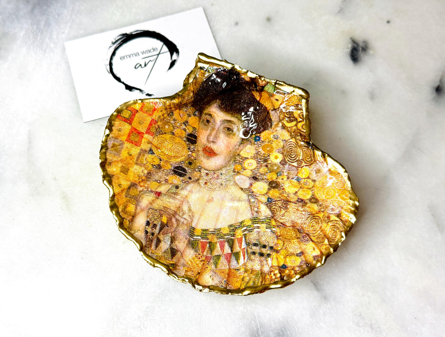 Gustav Klimt Gift, Gustav Klimt Lady in Gold, Trinket dishes gold finish, gold leaf trinket tray, shell scallop dish, personalised Scallop shell trinket, decorative scallop shells, Gustav Klimt key bowl, green and gold dishes, Gustav Klimt ring dish, golden trinket dish, bride oyster dish, shell jewellery bowl, decoupaged earrings dish, shell art trinket, art dish, Gold shell trinket, painted shell with gold, shell jewellery dish, Emma Wade art, Proposal Ring Tray, Painted Key Bowl, Bride Gift