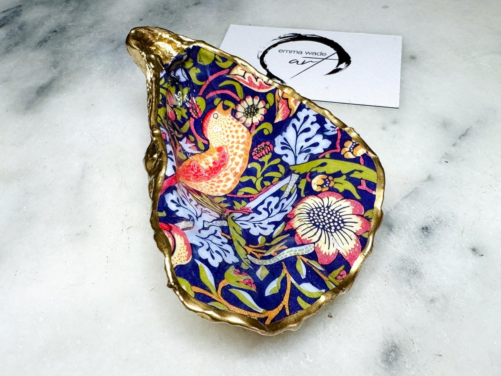 William Morris strawberry thief gift, Trinket dishes gold finish, gold leaf trinket tray, shell oyster dish, personalised oyster shell trinket, decorative oyster shells, William Morris key bowl, green and gold dishes, Bird ring dish, golden trinket dish, bride oyster dish, shell jewellery bowl, decoupaged earrings dish, shell art trinket, art dish, Gold shell trinket, painted shell with gold, shell jewellery dish, Emma Wade art, Proposal Ring Tray, Painted Key Bowl, Bride Oyster Dish
