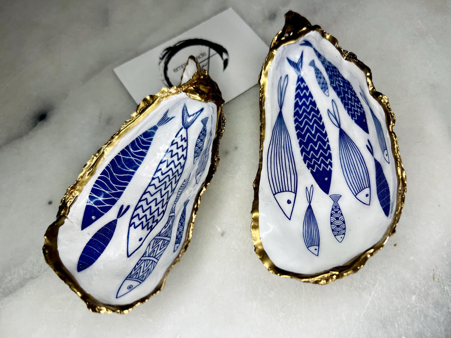 Blue Fish Gift, Trinket Oyster Shell dish gold finish, gold leaf trinket tray, shell oyster dish, personalised oyster shell trinket, decorative oyster shells, Fish Design key bowl, blue and gold dishes, fish ring dish, golden trinket dish, bride shell dish, shell jewellery bowl, decoupaged earrings dish, shell art trinket, art dish, Gold shell trinket holder, painted shell with gold, shell jewellery dish, Emma Wade art, Proposal Ring Tray, Painted Key Bowl, Bride shell Dish
