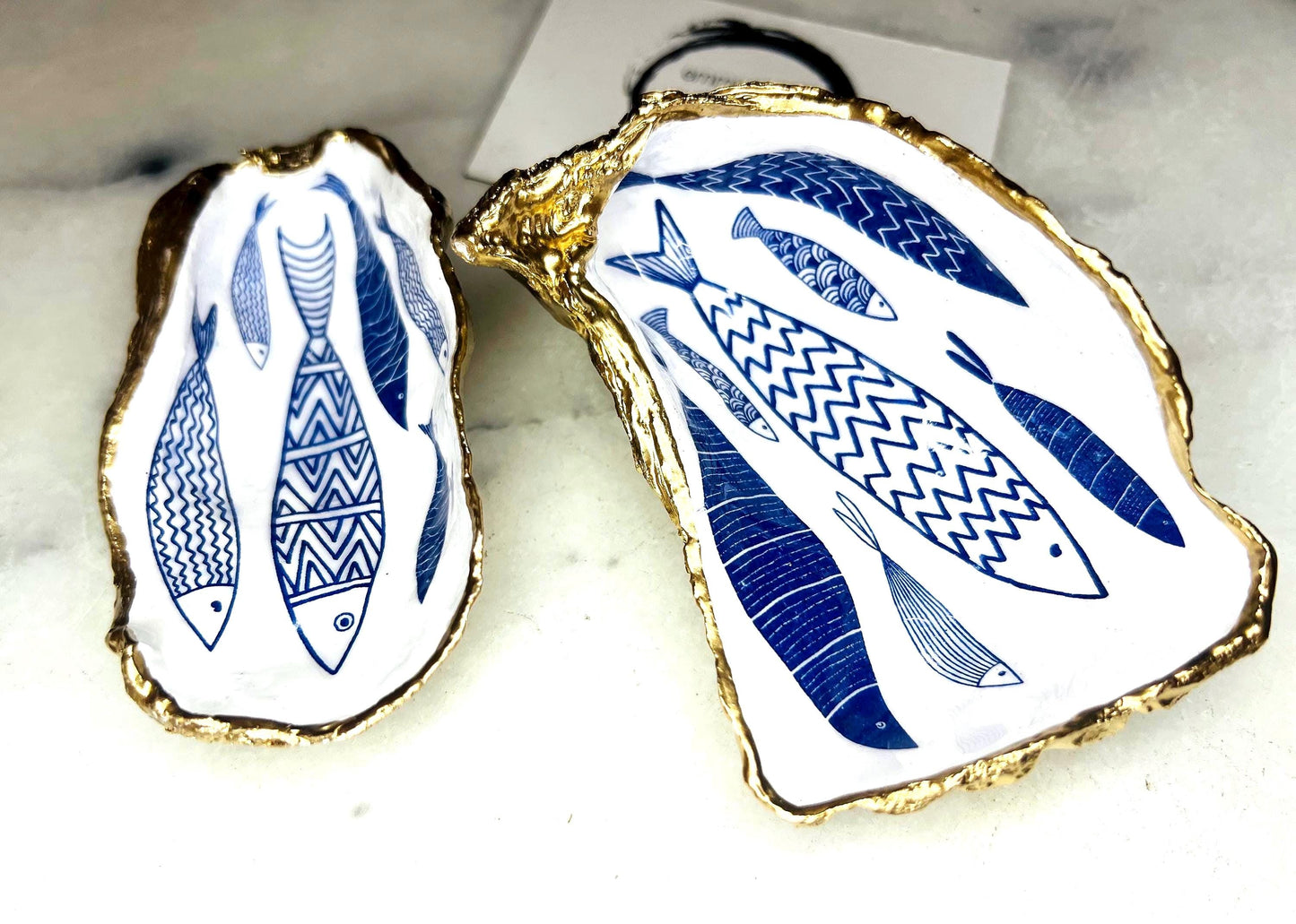 Blue Fish Gift, Trinket Oyster Shell dish gold finish, gold leaf trinket tray, shell oyster dish, personalised oyster shell trinket, decorative oyster shells, Fish Design key bowl, blue and gold dishes, fish ring dish, golden trinket dish, bride shell dish, shell jewellery bowl, decoupaged earrings dish, shell art trinket, art dish, Gold shell trinket holder, painted shell with gold, shell jewellery dish, Emma Wade art, Proposal Ring Tray, Painted Key Bowl, Bride shell Dish