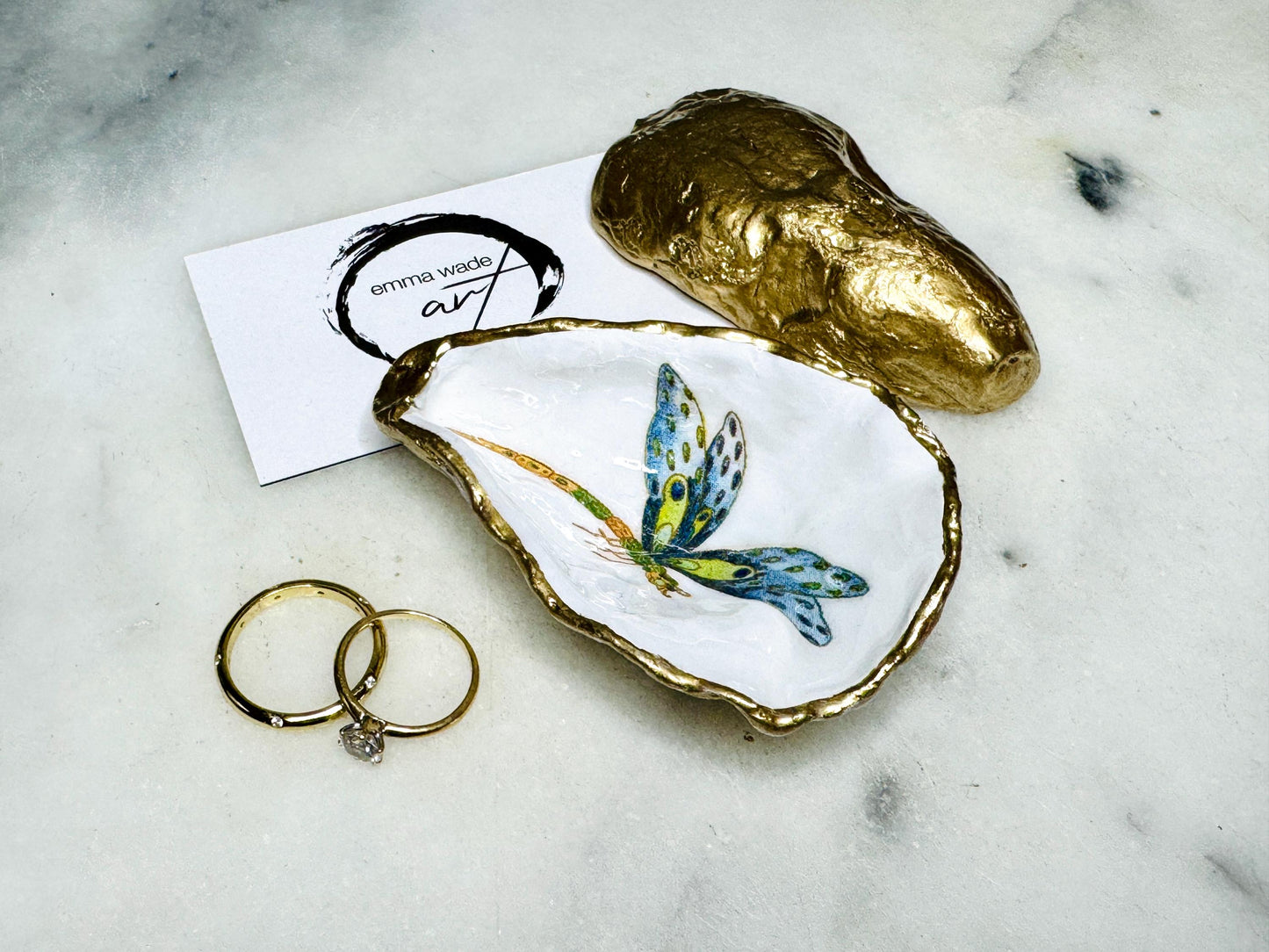 dragonfly oyster shell dish, Dorset oyster shell trinket jewellery holder, handmade dragonfly gift for nature lovers, gold leaf gilded oyster shell ornament, dragonfly symbolism decor, oyster shell salt and pepper pinch pot, oyster shell cufflink dish, dragonflies coastal bathroom accessory, unique handmade oyster shell jewellery tray, eco friendly dragonfly oyster shell art, dragonfly coastal wedding favour, dragonfly themed anniversary gift, Dorset handmade oyster shell dish
