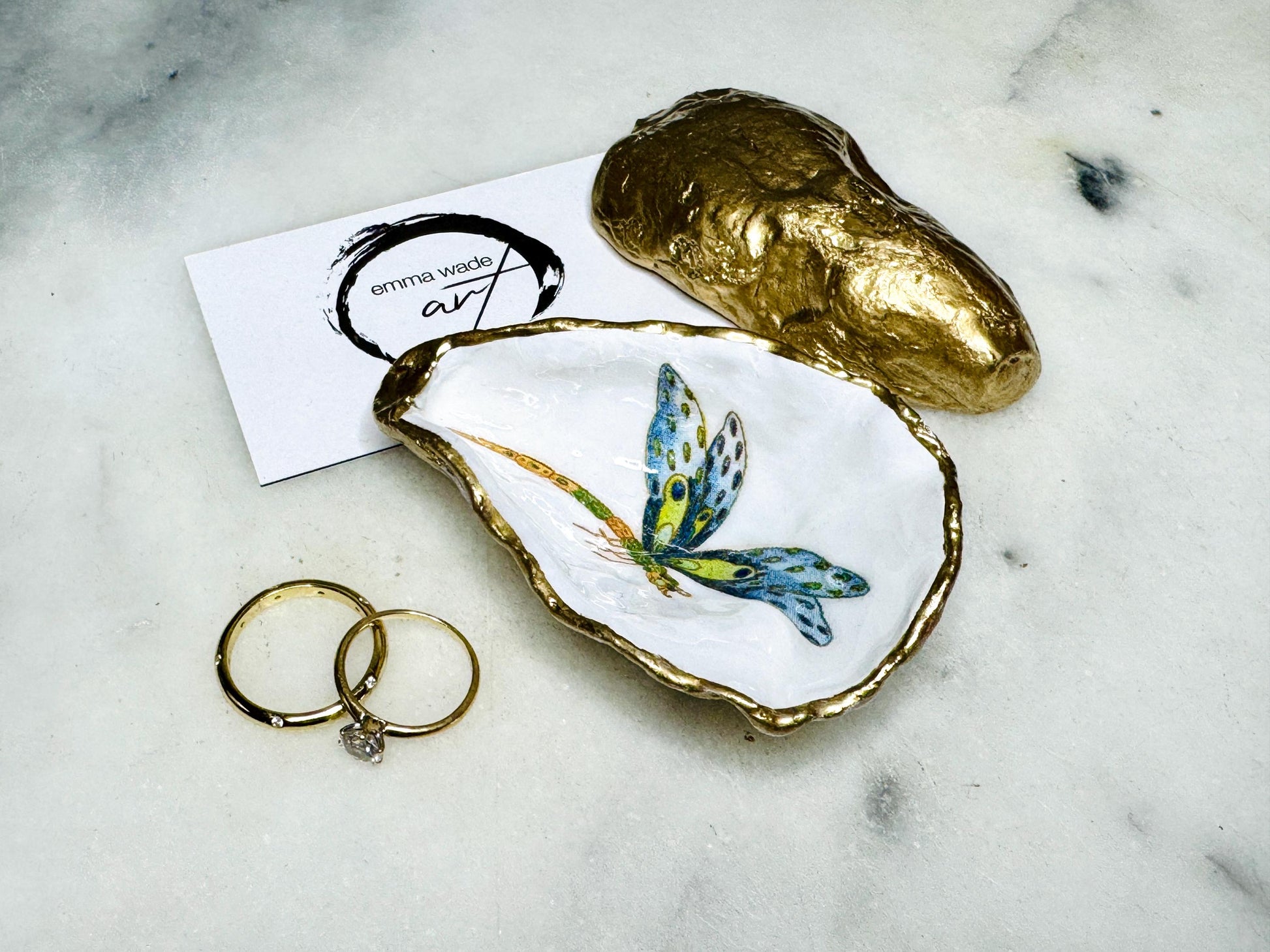 dragonfly oyster shell dish, Dorset oyster shell trinket jewellery holder, handmade dragonfly gift for nature lovers, gold leaf gilded oyster shell ornament, dragonfly symbolism decor, oyster shell salt and pepper pinch pot, oyster shell cufflink dish, dragonflies coastal bathroom accessory, unique handmade oyster shell jewellery tray, eco friendly dragonfly oyster shell art, dragonfly coastal wedding favour, dragonfly themed anniversary gift, Dorset handmade oyster shell dish