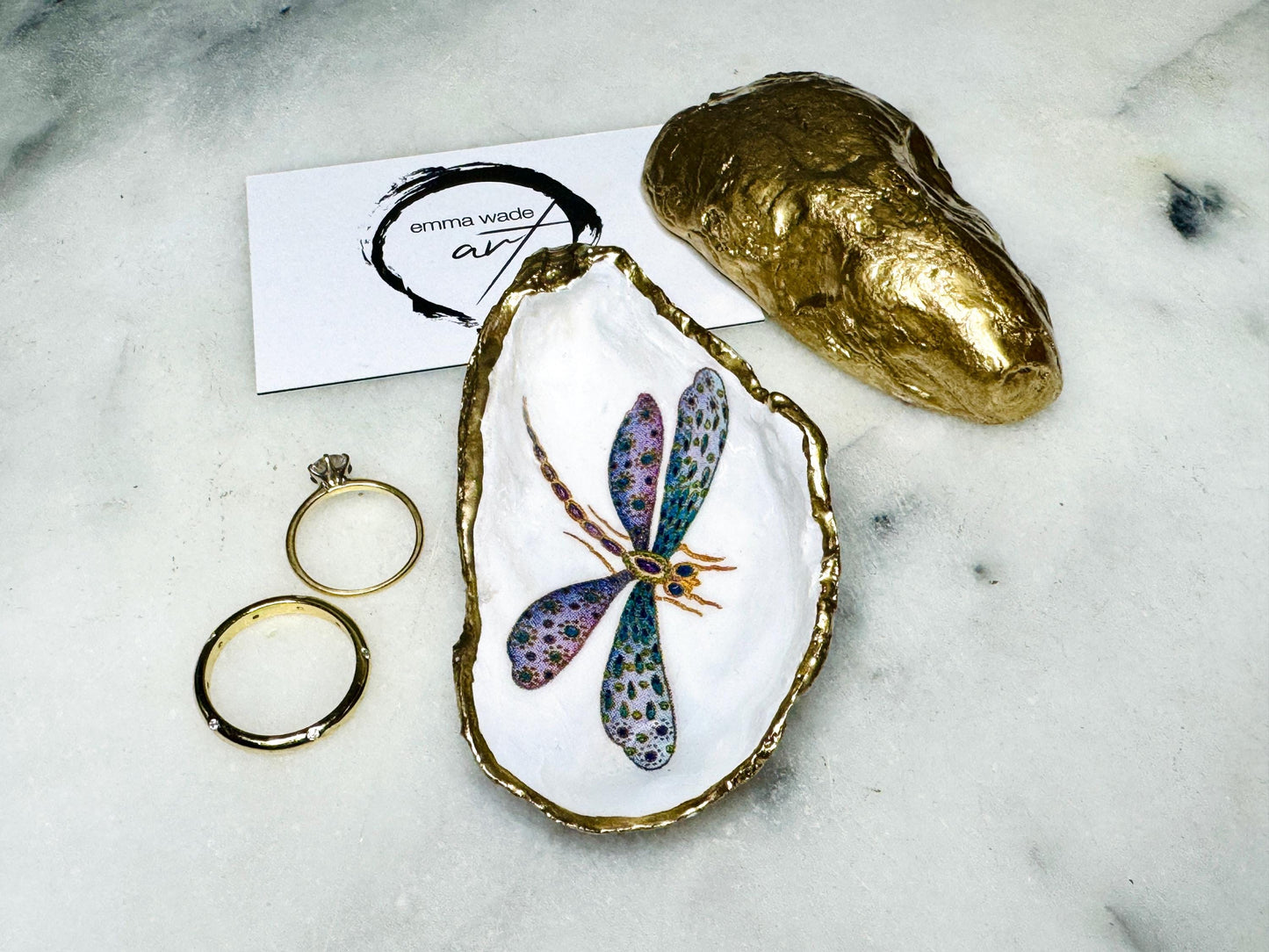 dragonfly oyster shell dish, Dorset oyster shell trinket jewellery holder, handmade dragonfly gift for nature lovers, gold leaf gilded oyster shell ornament, dragonfly symbolism decor, oyster shell salt and pepper pinch pot, oyster shell cufflink dish, dragonflies coastal bathroom accessory, unique handmade oyster shell jewellery tray, eco friendly dragonfly oyster shell art, dragonfly coastal wedding favour, dragonfly themed anniversary gift, Dorset handmade oyster shell dish
