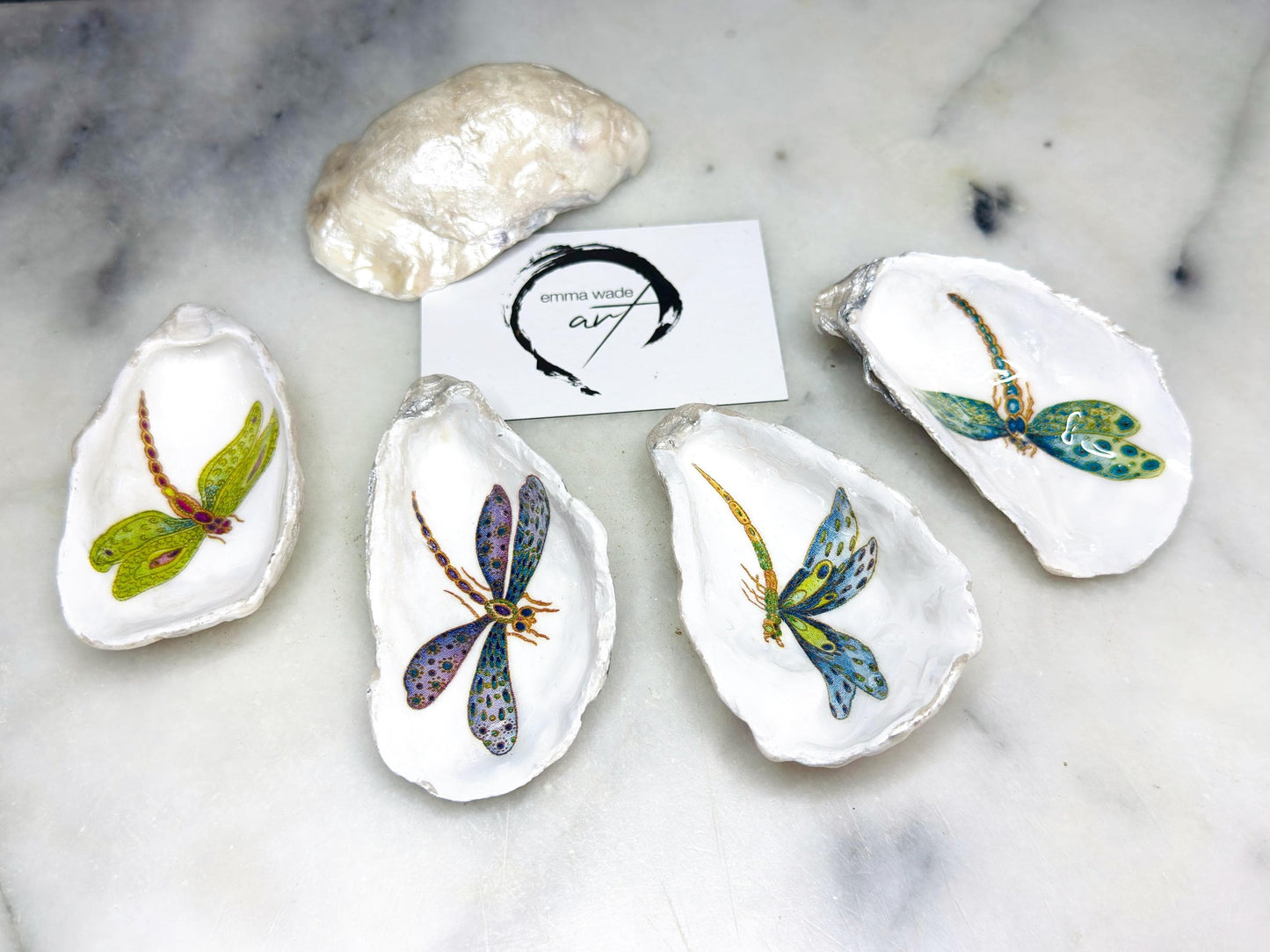 dragonfly oyster shell dish, Dorset oyster shell trinket jewellery holder, handmade dragonfly gift for nature lovers, gold leaf gilded oyster shell ornament, dragonfly symbolism decor, oyster shell salt and pepper pinch pot, oyster shell cufflink dish, dragonflies coastal bathroom accessory, unique handmade oyster shell jewellery tray, eco friendly dragonfly oyster shell art, dragonfly coastal wedding favour, dragonfly themed anniversary gift, Dorset handmade oyster shell dish