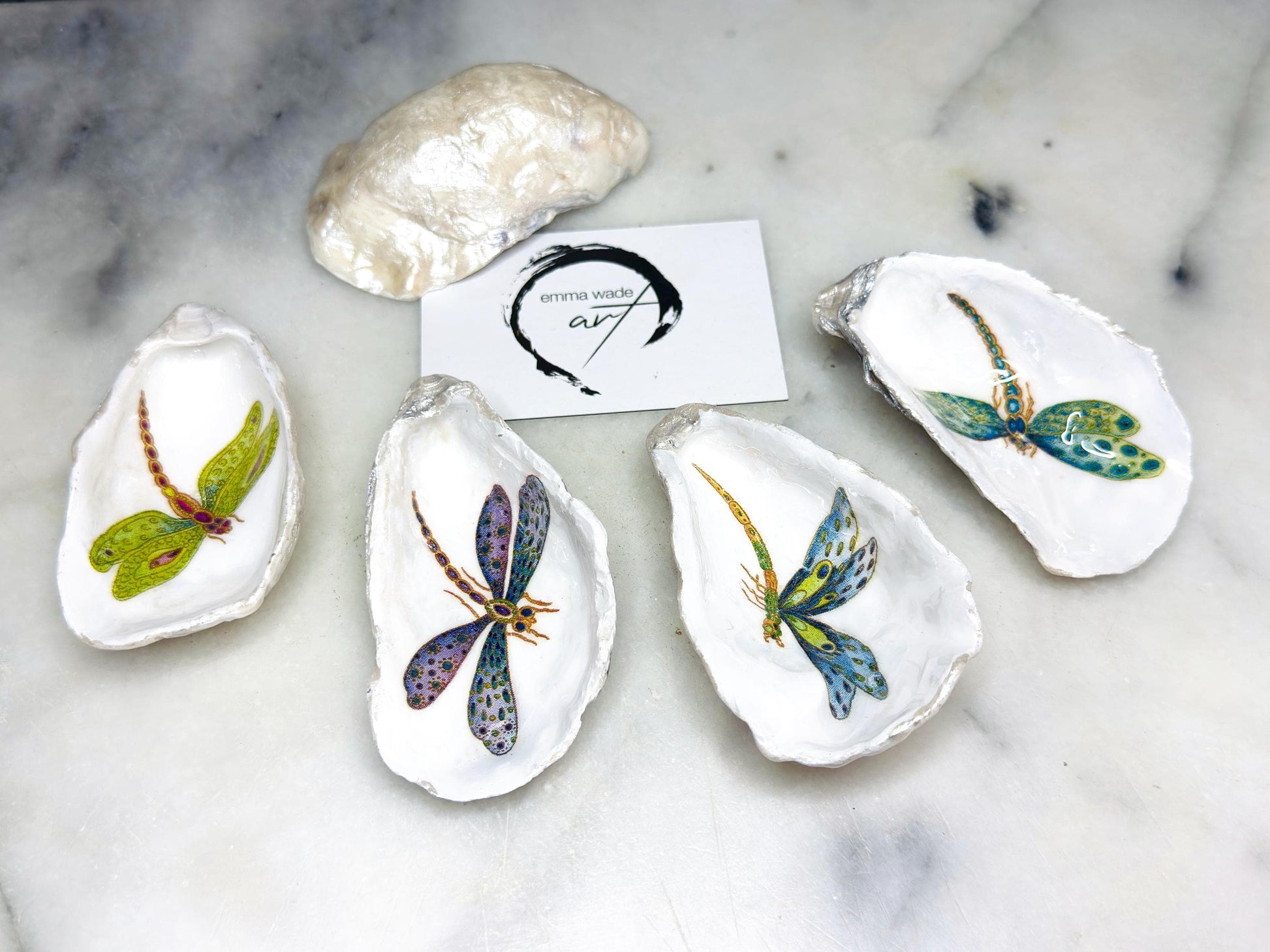 dragonfly oyster shell dish, Dorset oyster shell trinket jewellery holder, handmade dragonfly gift for nature lovers, gold leaf gilded oyster shell ornament, dragonfly symbolism decor, oyster shell salt and pepper pinch pot, oyster shell cufflink dish, dragonflies coastal bathroom accessory, unique handmade oyster shell jewellery tray, eco friendly dragonfly oyster shell art, dragonfly coastal wedding favour, dragonfly themed anniversary gift, Dorset handmade oyster shell dish