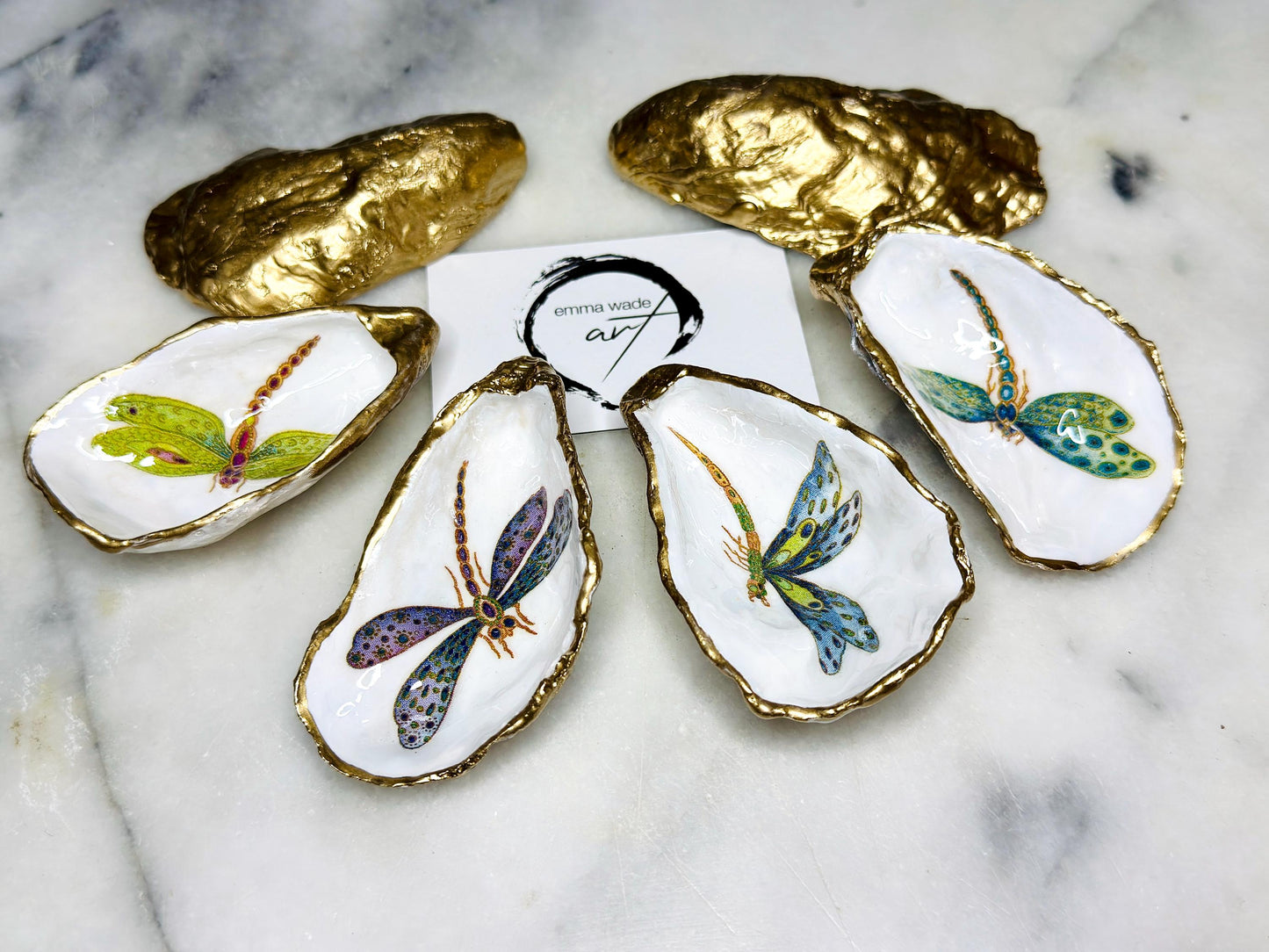 dragonfly oyster shell dish, Dorset oyster shell trinket jewellery holder, handmade dragonfly gift for nature lovers, gold leaf gilded oyster shell ornament, dragonfly symbolism decor, oyster shell salt and pepper pinch pot, oyster shell cufflink dish, dragonflies coastal bathroom accessory, unique handmade oyster shell jewellery tray, eco friendly dragonfly oyster shell art, dragonfly coastal wedding favour, dragonfly themed anniversary gift, Dorset handmade oyster shell dish