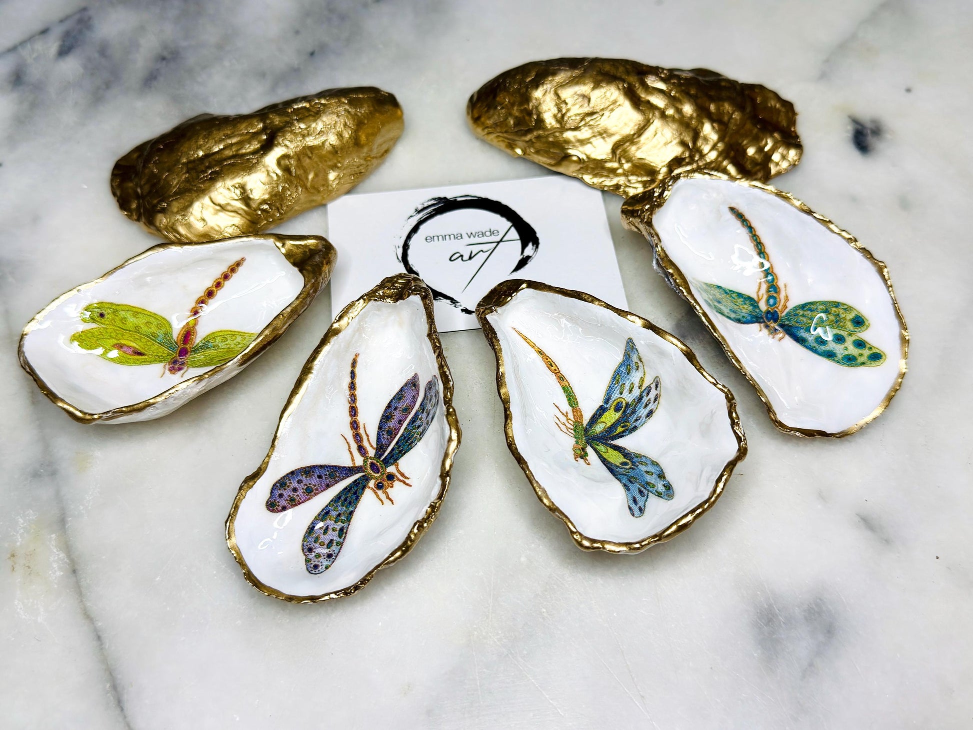 dragonfly oyster shell dish, Dorset oyster shell trinket jewellery holder, handmade dragonfly gift for nature lovers, gold leaf gilded oyster shell ornament, dragonfly symbolism decor, oyster shell salt and pepper pinch pot, oyster shell cufflink dish, dragonflies coastal bathroom accessory, unique handmade oyster shell jewellery tray, eco friendly dragonfly oyster shell art, dragonfly coastal wedding favour, dragonfly themed anniversary gift, Dorset handmade oyster shell dish