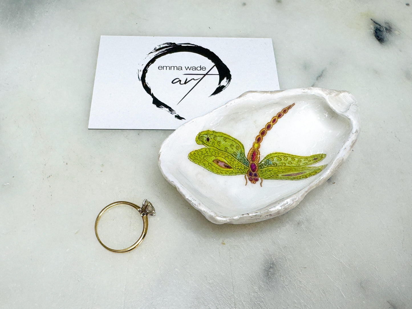 dragonfly oyster shell dish, Dorset oyster shell trinket jewellery holder, handmade dragonfly gift for nature lovers, gold leaf gilded oyster shell ornament, dragonfly symbolism decor, oyster shell salt and pepper pinch pot, oyster shell cufflink dish, dragonflies coastal bathroom accessory, unique handmade oyster shell jewellery tray, eco friendly dragonfly oyster shell art, dragonfly coastal wedding favour, dragonfly themed anniversary gift, sustainable gorgeous packaging