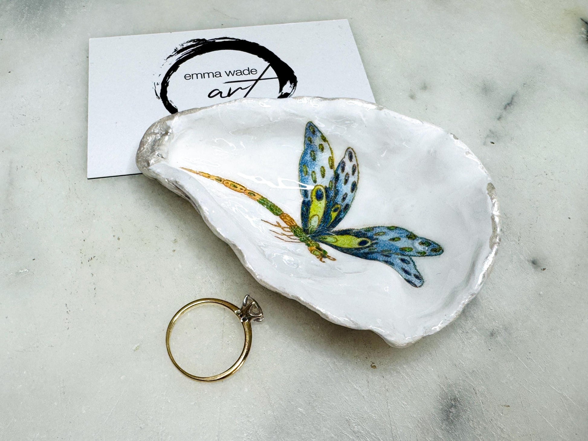 dragonfly oyster shell dish, Dorset oyster shell trinket jewellery holder, handmade dragonfly gift for nature lovers, gold leaf gilded oyster shell ornament, dragonfly symbolism decor, oyster shell salt and pepper pinch pot, oyster shell cufflink dish, dragonflies coastal bathroom accessory, unique handmade oyster shell jewellery tray, eco friendly dragonfly oyster shell art, dragonfly coastal wedding favour, dragonfly themed anniversary gift, sustainable gorgeous packaging