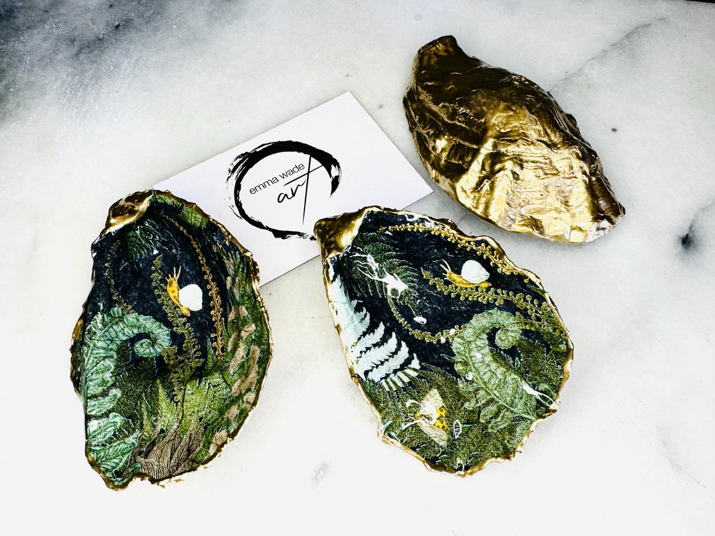 Forest Fern Shell Gift, Trinket oyster Shell dish gold finish, gold leaf trinket tray, shell scallop dish, Ferns Nature lover shell bowl, decorative oyster shells, gorgeous sustainable packaging, green and gold shell dish, Bee ring dish, golden trinket dish, bride shell dish, shell jewellery bowl, decoupaged earrings dish, shell art trinket, Fern shell gift, Gold shell trinket holder, painted shell with gold, shell jewellery dish, Emma Wade art, Proposal Ring Tray, Green Painted Key Bowl