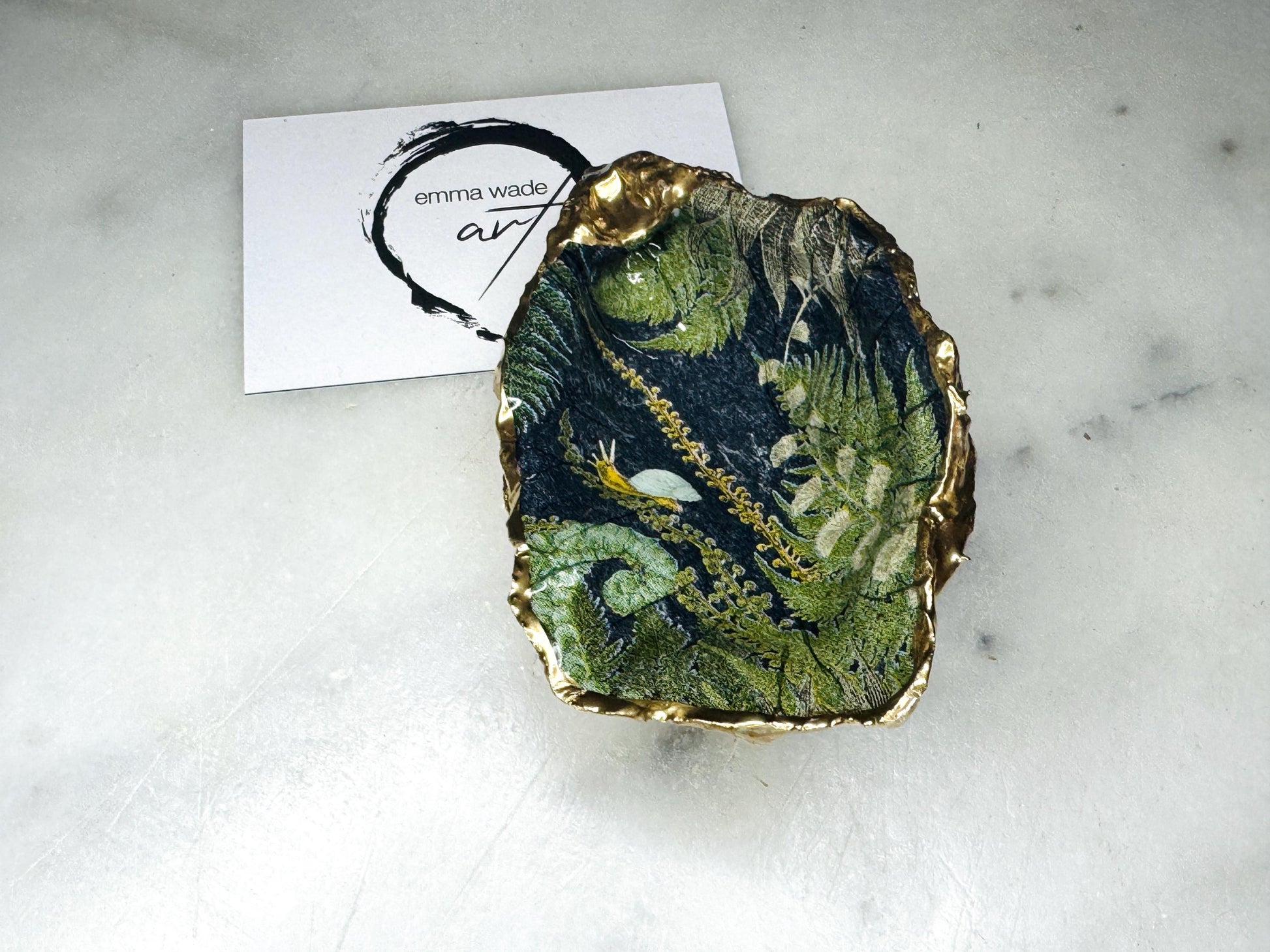 Forest Fern Shell Gift, Trinket oyster Shell dish gold finish, gold leaf trinket tray, shell scallop dish, Ferns Nature lover shell bowl, decorative oyster shells, gorgeous sustainable packaging, green and gold shell dish, Bee ring dish, golden trinket dish, bride shell dish, shell jewellery bowl, decoupaged earrings dish, shell art trinket, Fern shell gift, Gold shell trinket holder, painted shell with gold, shell jewellery dish, Emma Wade art, Proposal Ring Tray, Green Painted Key Bowl