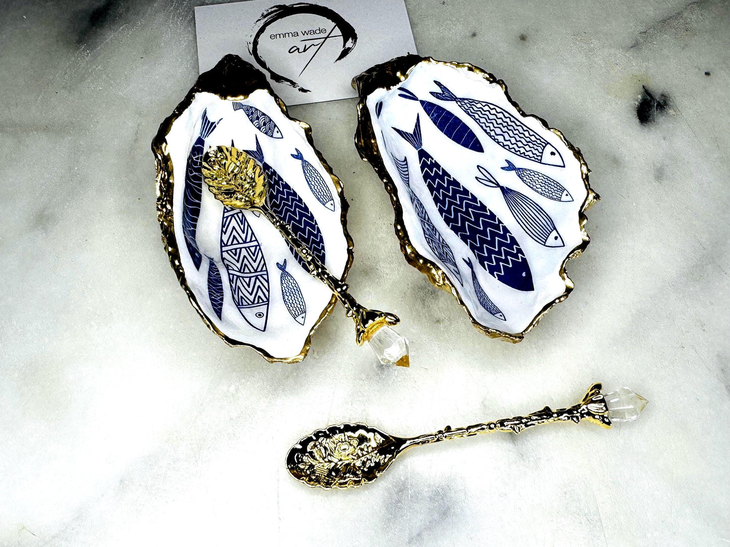 blue fish gold gilded oyster salt dishes, shell serving dish, oyster pinch pots, oyster spice pots, wedding kitchen gift, coastal gifts, fish pearl pinch pots, dining decor, shell cruet set, decorative accessories, Mediterranean blue white oyster spice pots, coastal cruet set, oyster cruet set, coastal serving dishes, oyster plates, gold gilded salt and pepper set, oyster pepper and salt pots, ceramic salt and pepper set, handmade cruet set, gold pearl salt dish set, coastal host gift