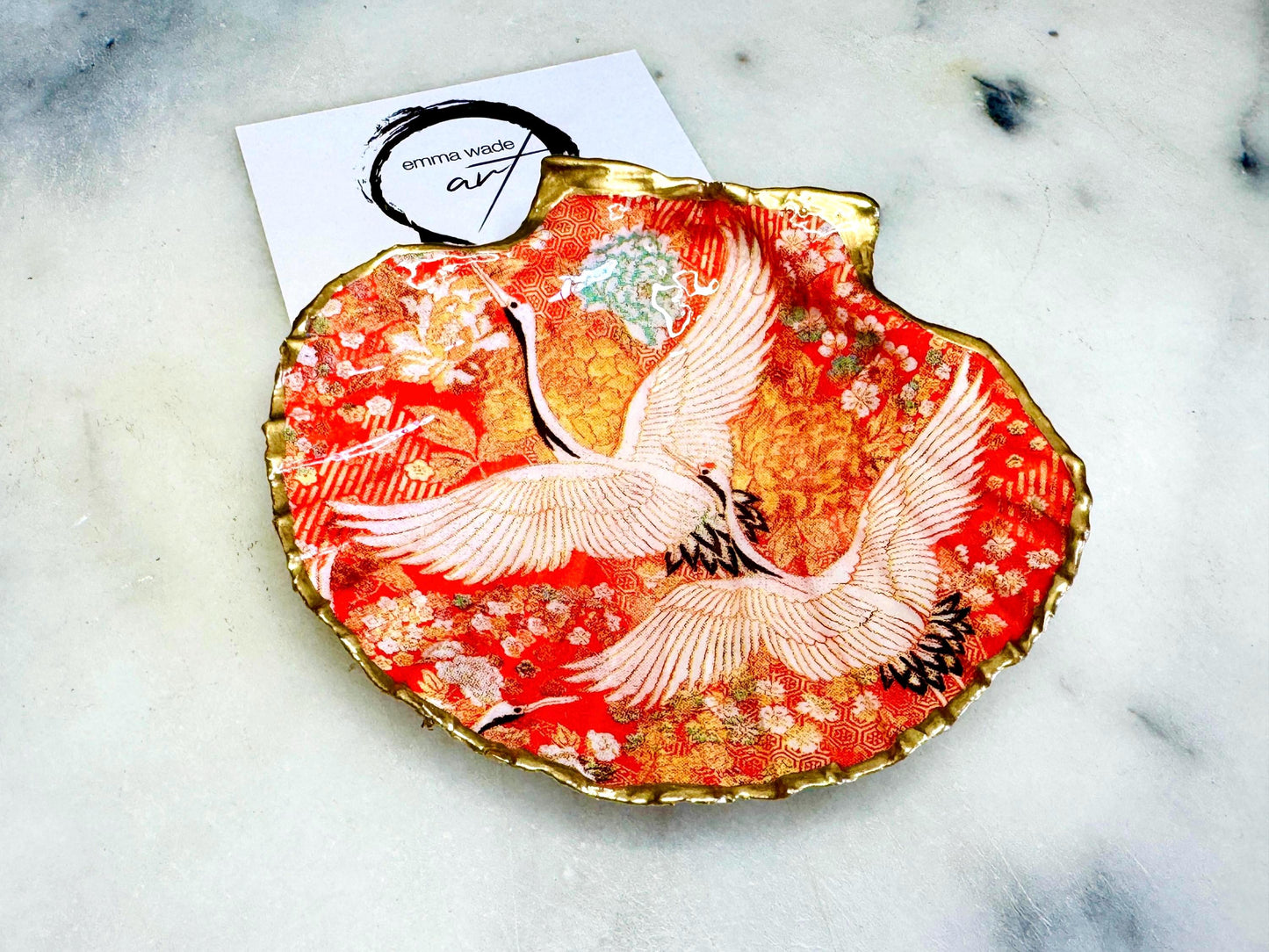 Orange Flamingo shell dish, Japanese kimono Trinket dishes gold finish, gold leaf trinket tray, shell scallop dish, bird design shell trinket tray, decorative scallop shells, orange shell key bowl, gold leaf ring dish, Bird ring dish, golden trinket dish, bride oyster dish, shell jewellery bowl, decoupaged earrings dish, shell art trinket, art dish, Gold shell trinket, painted shell with gold, shell jewellery dish, coastal ring holder, Proposal Ring Tray, Painted Key Bowl, coastal host gift