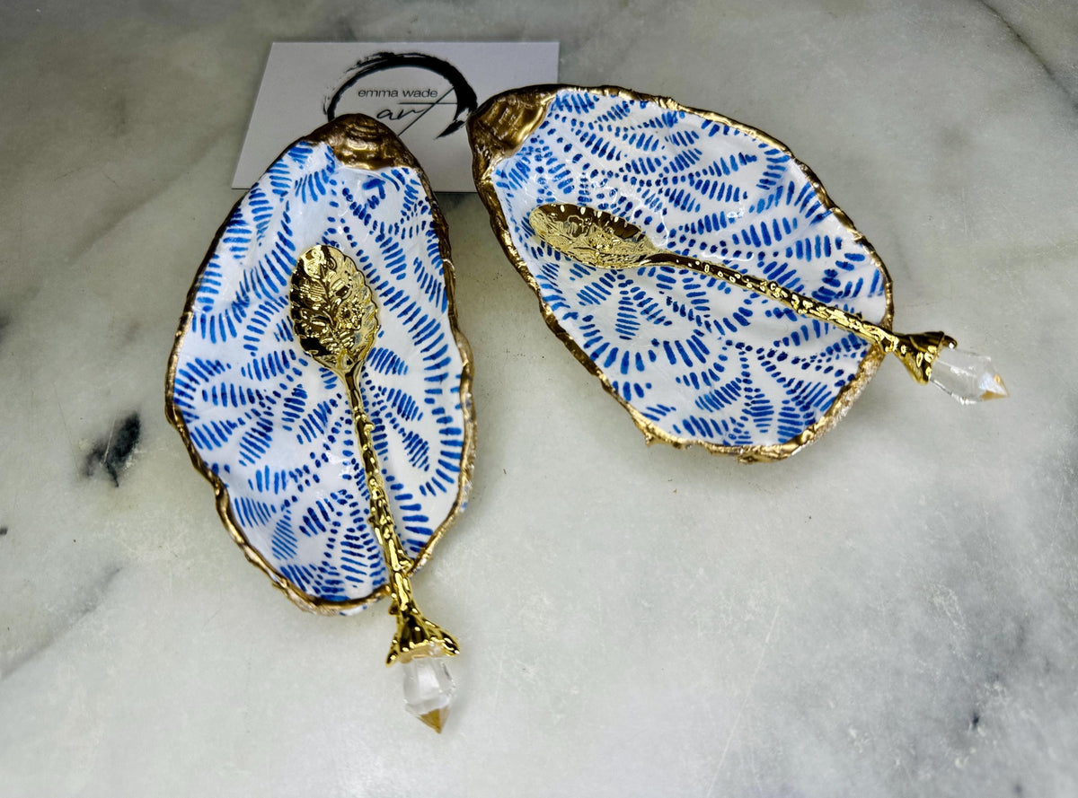 Sustainable Blue Floral Dorset Oyster Shell Salt & Pepper Dishes | Marimekko-Inspired Blue Flower Dishes | Coastal Gift Set with spoons