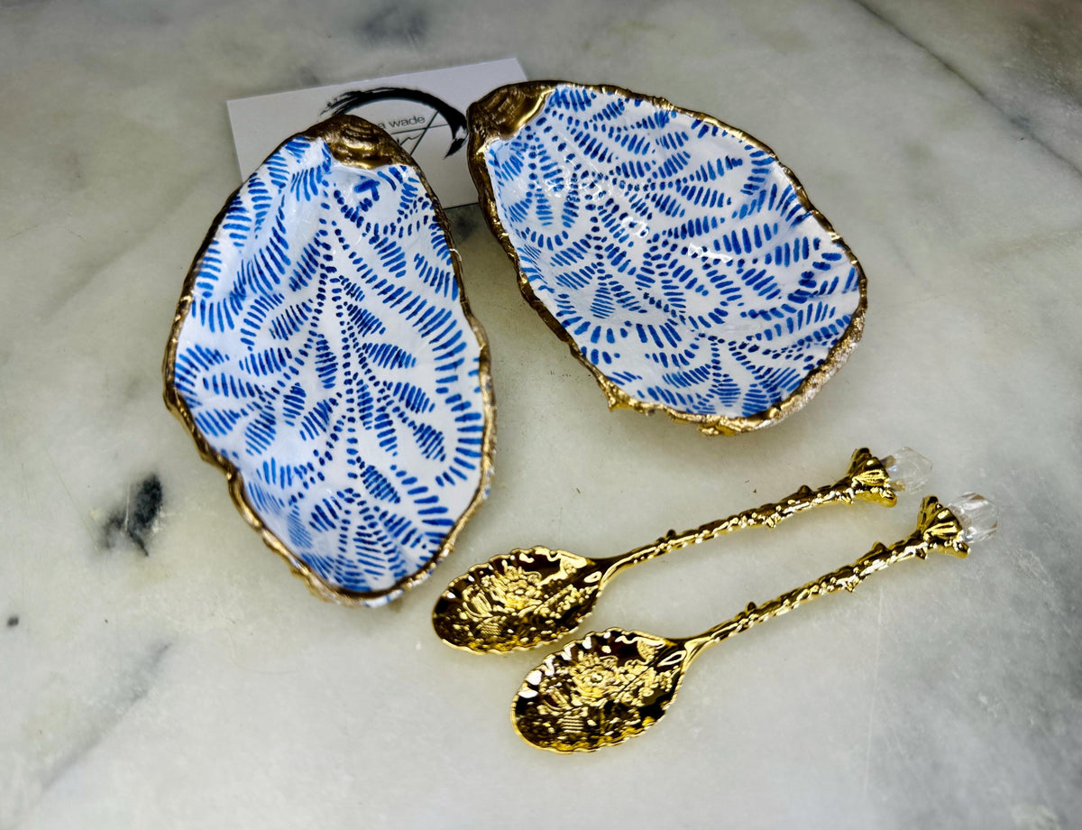 Sustainable Blue Floral Dorset Oyster Shell Salt & Pepper Dishes | Marimekko-Inspired Blue Flower Dishes | Coastal Gift Set with spoons