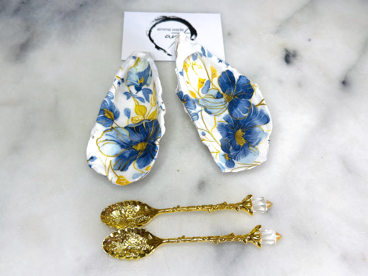 Pair of Blue Yellow Floral Flower Oyster salt Dishes, Seashell salt dish, shell salt, oyster salt tray, salt and pepper shell, salt and pepper shell box, oyster shell salt and pepper, sea shell salt, floral oyster shell salt, seashell salt holder, oyster shell sugar dish, oyster salt dish, oyster pinch bowl, salt crystal bowl, shell salt dish, oyster salt cellar, oyster salt and pepper holders, salt dish set, Host Gift, Dining Decor, white And blue Contemporary pinch pots, Gold crystal spoons