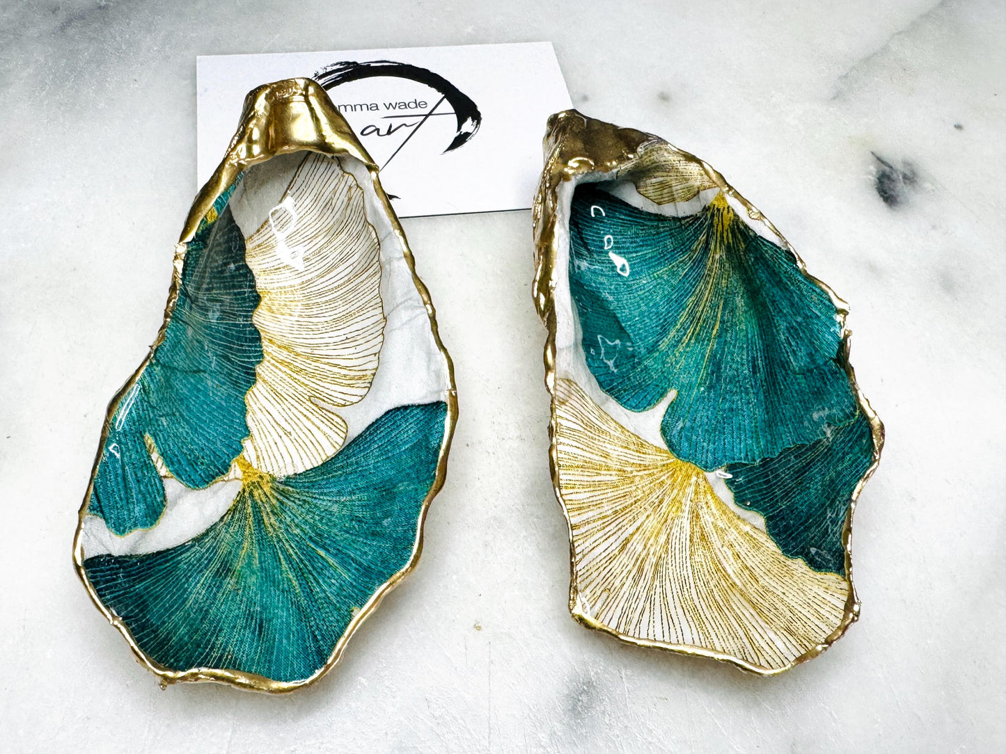 Pair of Gild Green Gingko Flower Oyster salt Dishes, Seashell salt dish, shell salt, oyster salt tray, salt and pepper shell, salt and pepper shell box, oyster shell salt and pepper, sea shell salt, Gingko gold gilded shell dish set, seashell salt holder, oyster shell sugar dish, oyster salt dish, oyster pinch bowl, salt crystal bowl, shell salt dish, oyster salt cellar, oyster salt and pepper holders, salt and pepper dish set, Host Gift, Dining Decor, white And Green Contemporary pinch pots
