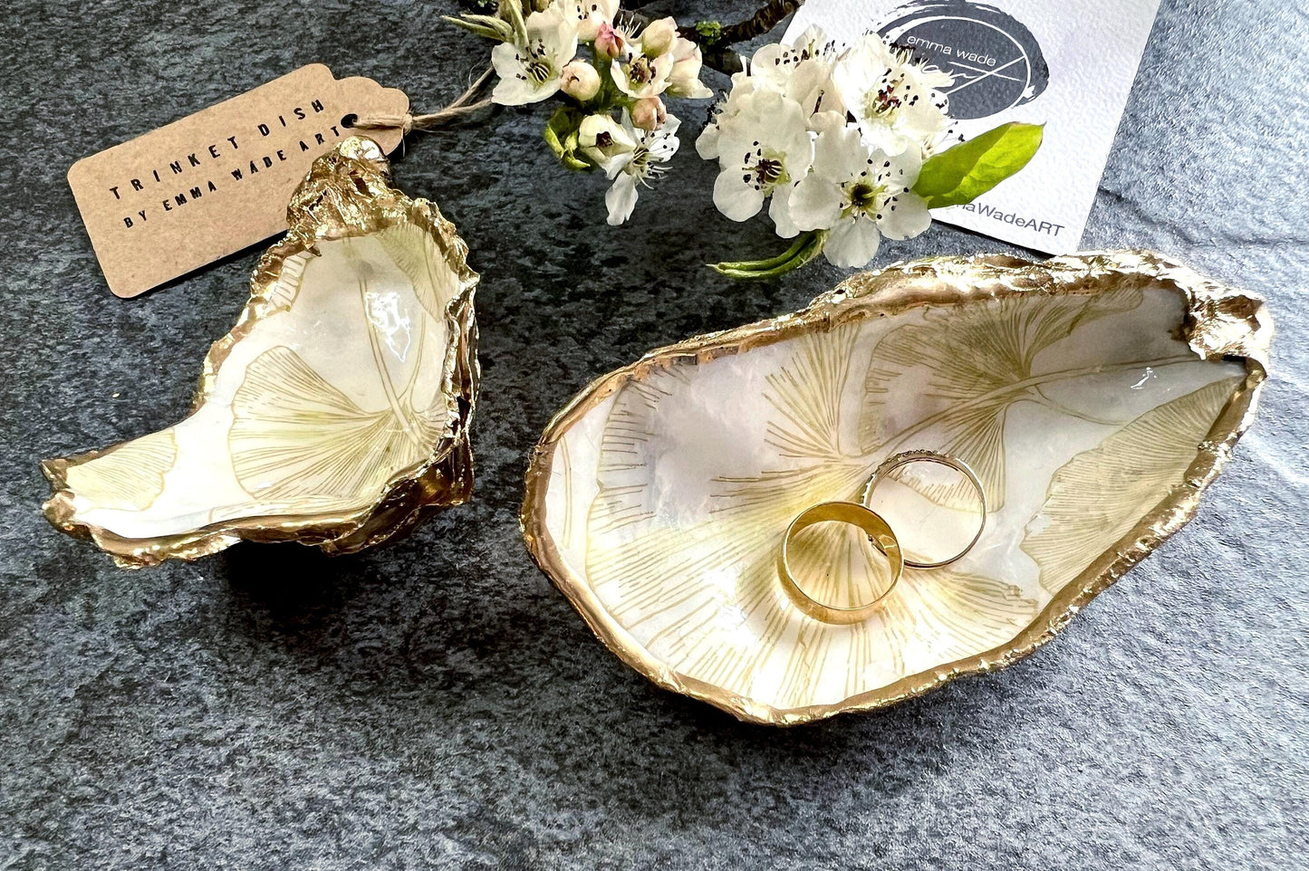 Gift for her, Gift for him, Gold Ginkgo gift, decoupaged oyster shell, oyster Ring holder, Shell oyster Jewellery dish, oyster Trinket dish, Ginkgo oyster dish, Anniversary gift, Wedding gift, gift for Mum, Coastal decor, Ginkgo jewelry dish, Ginkgo oyster dish, Ring Holder, Proposal dish, Coastal Wall Decor, Gold Shell Trinket Dish by Emma Wade ART, Coastal Triptych UK, UK shell ART, Gold Ginkgo Oyster Ring tray, gold gilded trinket dish, ring bearer dish, wedding ring box