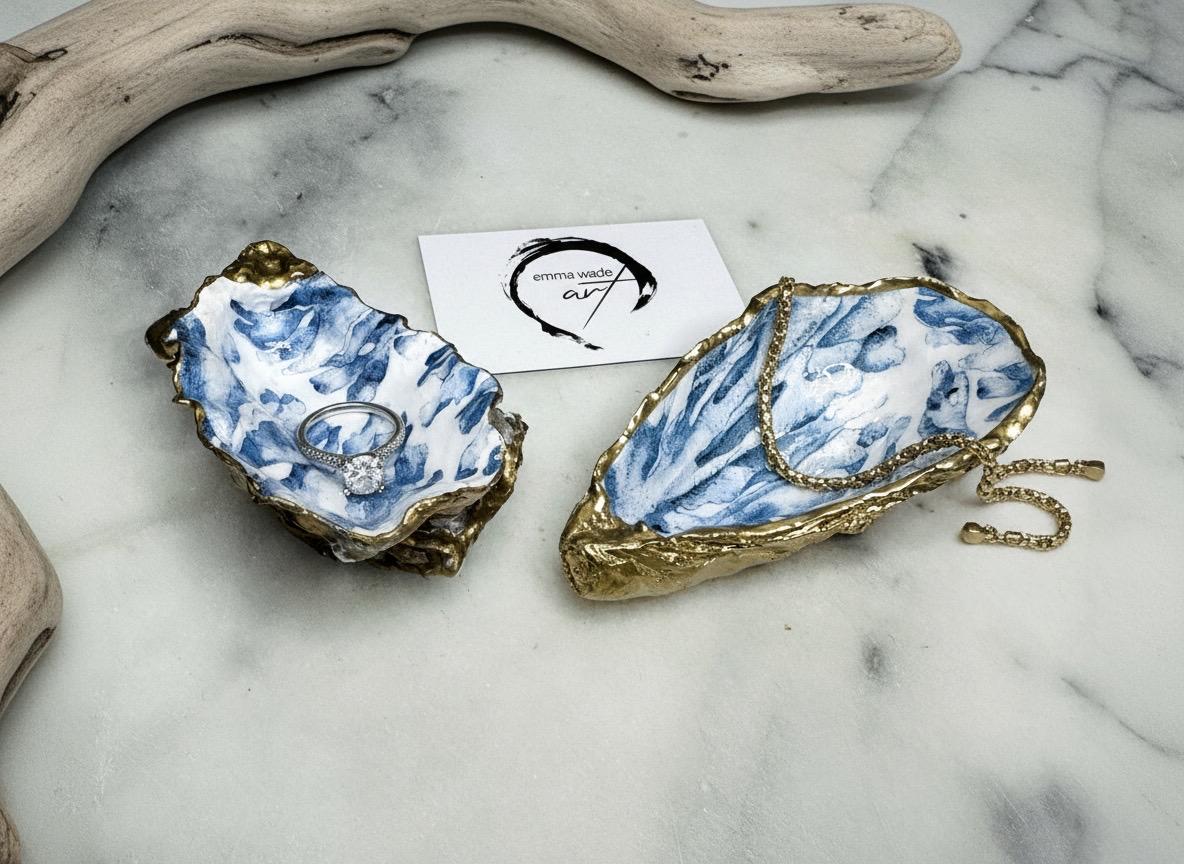 Trinket dishes gold finish, shell jewellery dish, navy and gold trinket tray, shell scallop dish, trinket tray shell, she dreams of the sea, shell jewellery bowl, golden trinket dish, oyster shell blue seaweed, blue and gold dishes, decoupaged earring dish, oyster dish with coral, shell art trinket, decoupage shell dish, Emma Wade art, bride oyster dish, oyster shell trinket, shell key bowl, shell coral dish