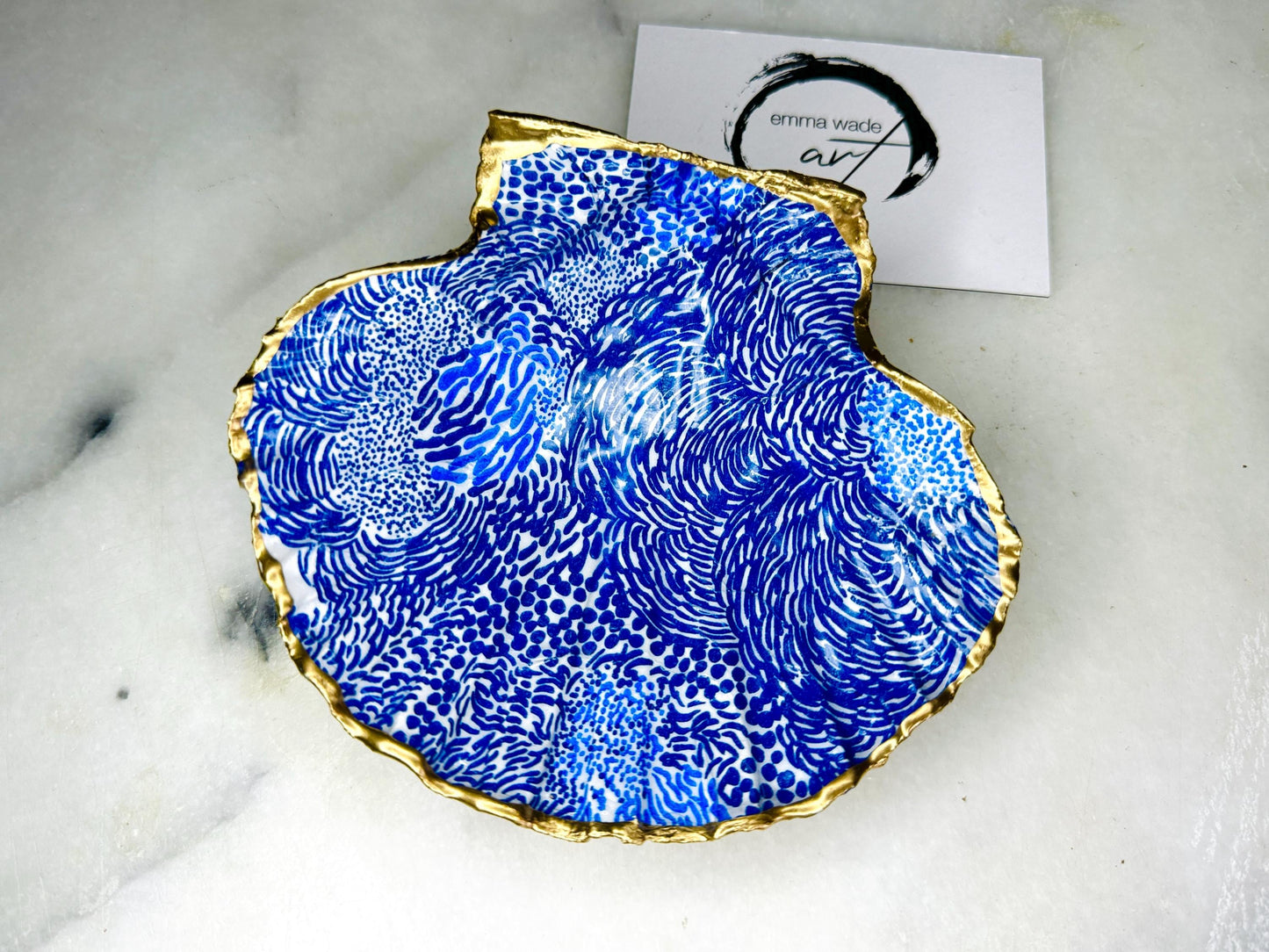 Marimekko Floral Blue White Scallop Shell Dish, Gold Leaf Coastal Trinket Dish, Scandinavian Floral Jewellery Holder, Dorset Shell Decor