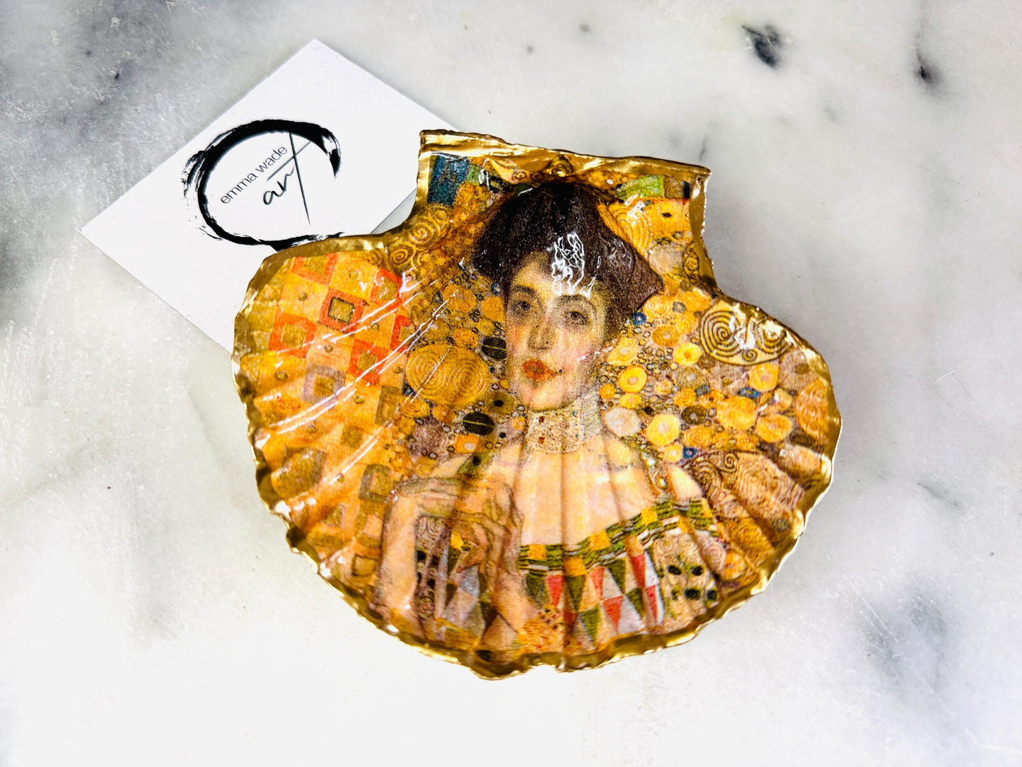 Gustav Klimt Gift, Gustav Klimt Lady in Gold, Trinket dishes gold finish, gold leaf trinket tray, shell scallop dish, personalised Scallop shell trinket, decorative scallop shells, Gustav Klimt key bowl, green and gold dishes, Gustav Klimt ring dish, golden trinket dish, bride oyster dish, shell jewellery bowl, decoupaged earrings dish, shell art trinket, art dish, Gold shell trinket, painted shell with gold, shell jewellery dish, Emma Wade art, Proposal Ring Tray, Painted Key Bowl, Bride Gift