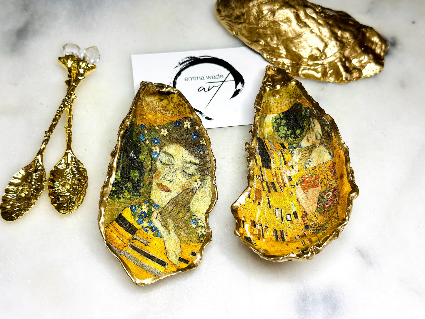 Gustav Klimt’s Kiss Oyster Shell Salt and Pepper Pinch Pots | Gold Leaf Coastal Serving Dishes | Coastal Wedding Gift