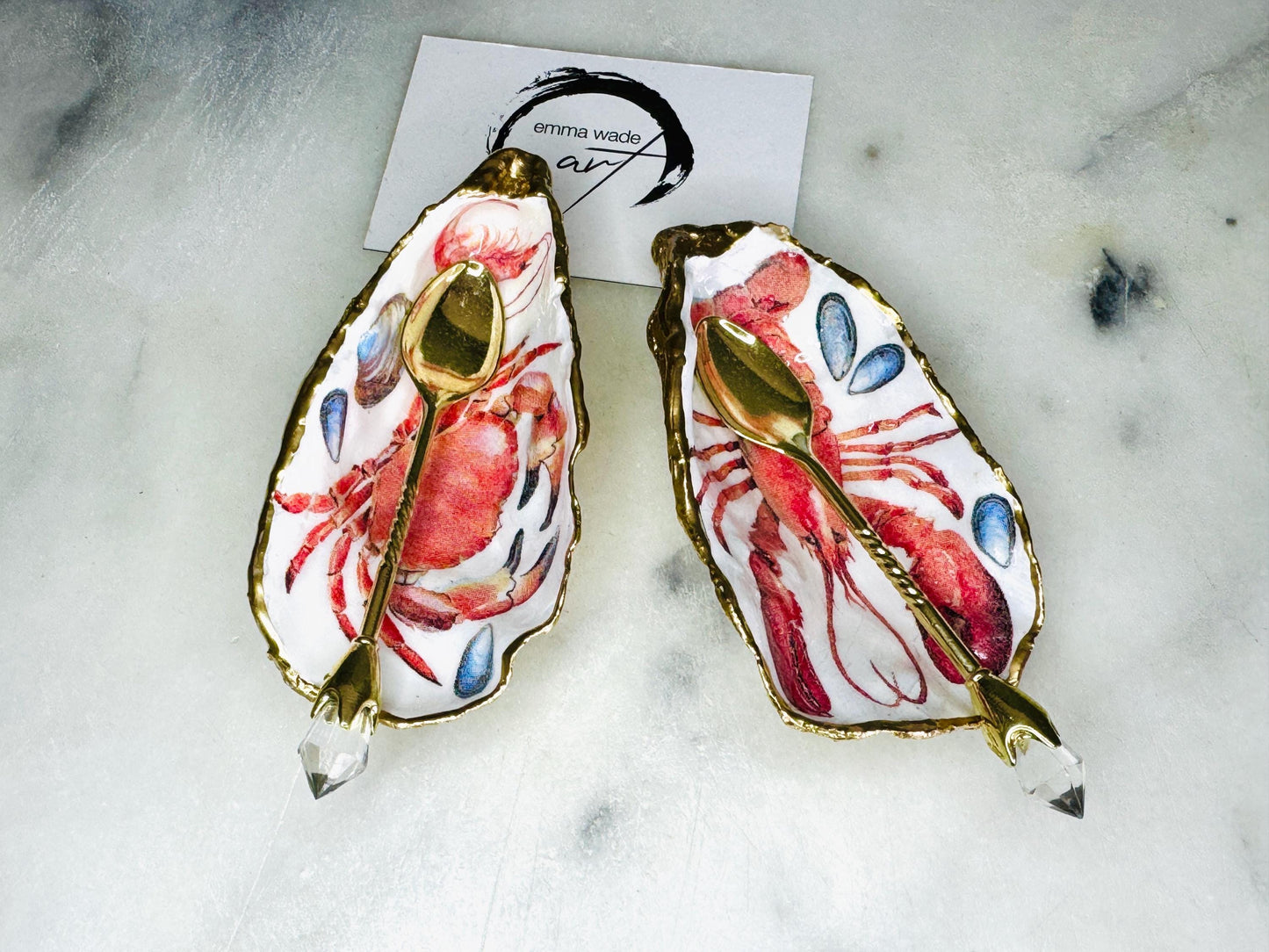 Lobster and Crab Oyster Shell Salt and Pepper pinch pots, Gold Gilded Salt Gift, Coastal Shell Serving Dishes