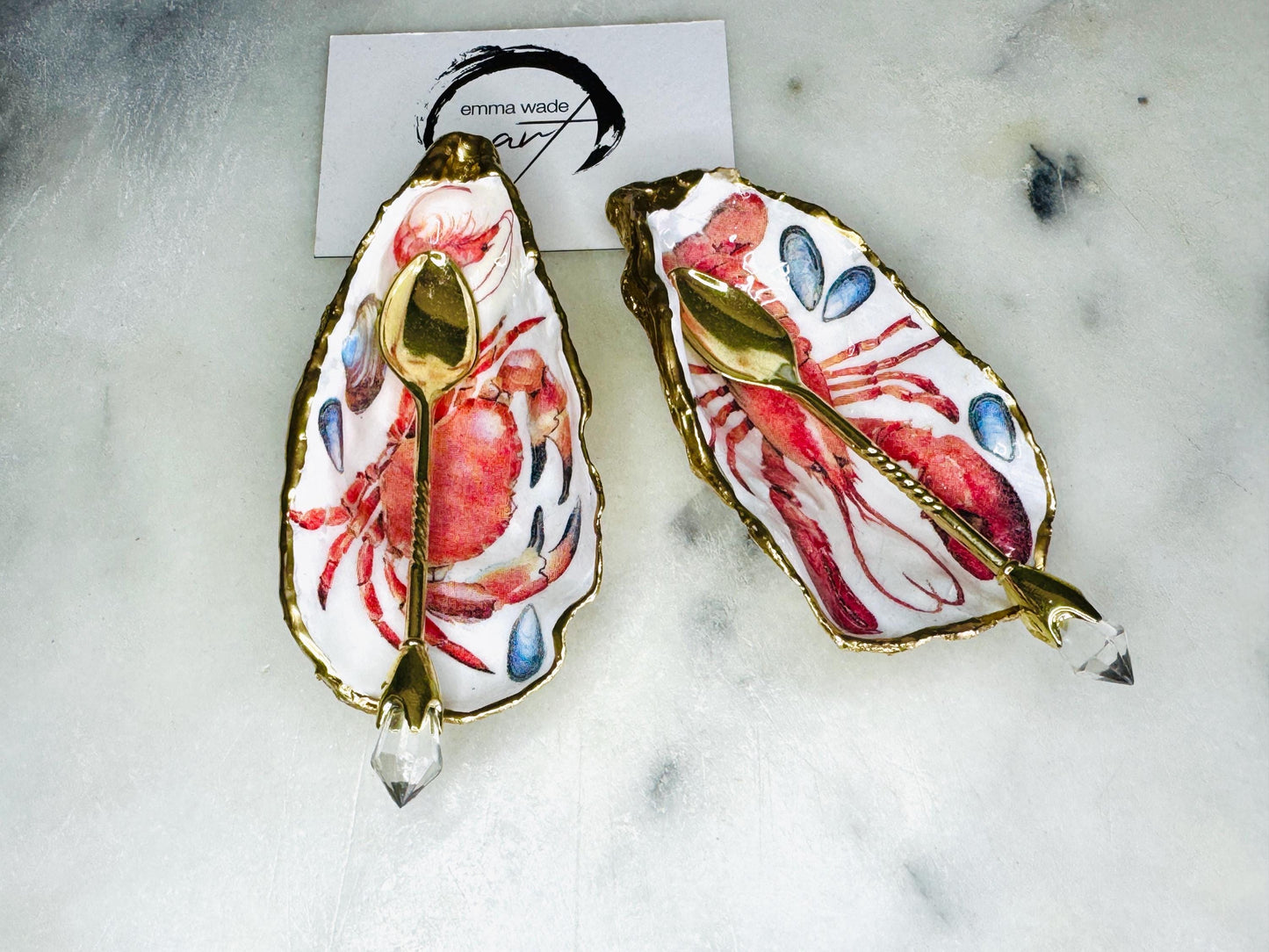 Lobster and Crab Oyster Shell Salt and Pepper pinch pots, Gold Gilded Salt Gift, Coastal Shell Serving Dishes