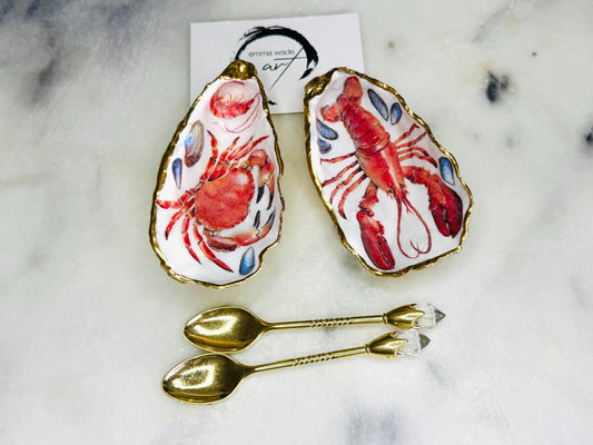 Lobster and Crab Oyster Shell Salt and Pepper pinch pots, Gold Gilded Salt Gift, Coastal Shell Serving Dishes