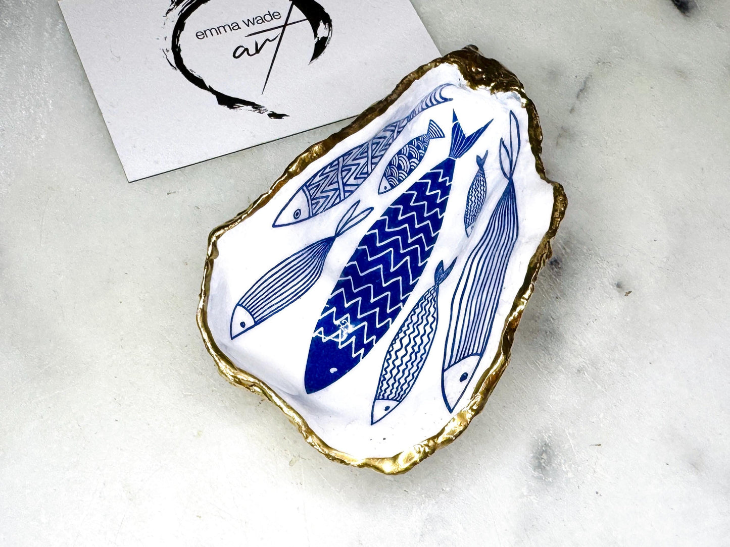 Blue Fish Gift, Trinket Oyster Shell dish gold finish, gold leaf trinket tray, shell oyster dish, personalised oyster shell trinket, decorative oyster shells, Fish Design key bowl, blue and gold dishes, fish ring dish, golden trinket dish, bride shell dish, shell jewellery bowl, decoupaged earrings dish, shell art trinket, art dish, Gold shell trinket holder, painted shell with gold, shell jewellery dish, Emma Wade art, Proposal Ring Tray, Painted Key Bowl, Bride shell Dish
