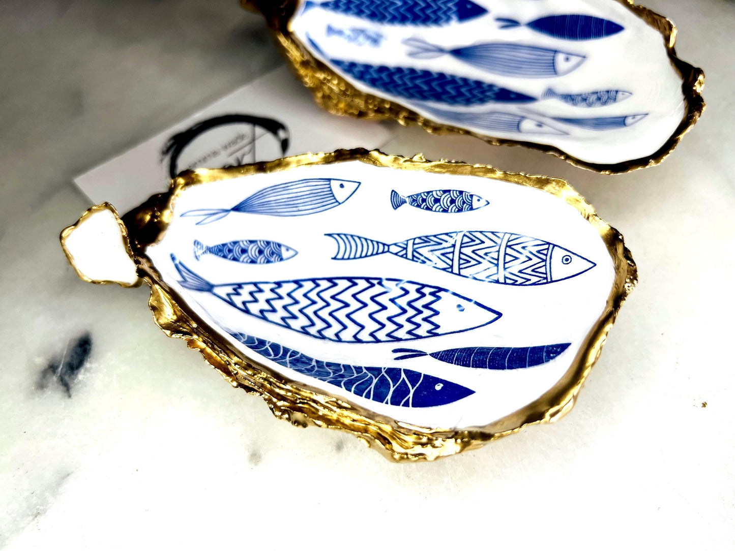 Blue Fish Gift, Trinket Oyster Shell dish gold finish, gold leaf trinket tray, shell oyster dish, personalised oyster shell trinket, decorative oyster shells, Fish Design key bowl, blue and gold dishes, fish ring dish, golden trinket dish, bride shell dish, shell jewellery bowl, decoupaged earrings dish, shell art trinket, art dish, Gold shell trinket holder, painted shell with gold, shell jewellery dish, Emma Wade art, Proposal Ring Tray, Painted Key Bowl, Bride shell Dish