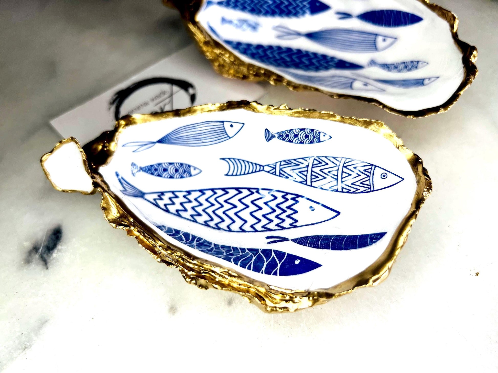 Blue Fish Gift, Trinket Oyster Shell dish gold finish, gold leaf trinket tray, shell oyster dish, personalised oyster shell trinket, decorative oyster shells, Fish Design key bowl, blue and gold dishes, fish ring dish, golden trinket dish, bride shell dish, shell jewellery bowl, decoupaged earrings dish, shell art trinket, art dish, Gold shell trinket holder, painted shell with gold, shell jewellery dish, Emma Wade art, Proposal Ring Tray, Painted Key Bowl, Bride shell Dish