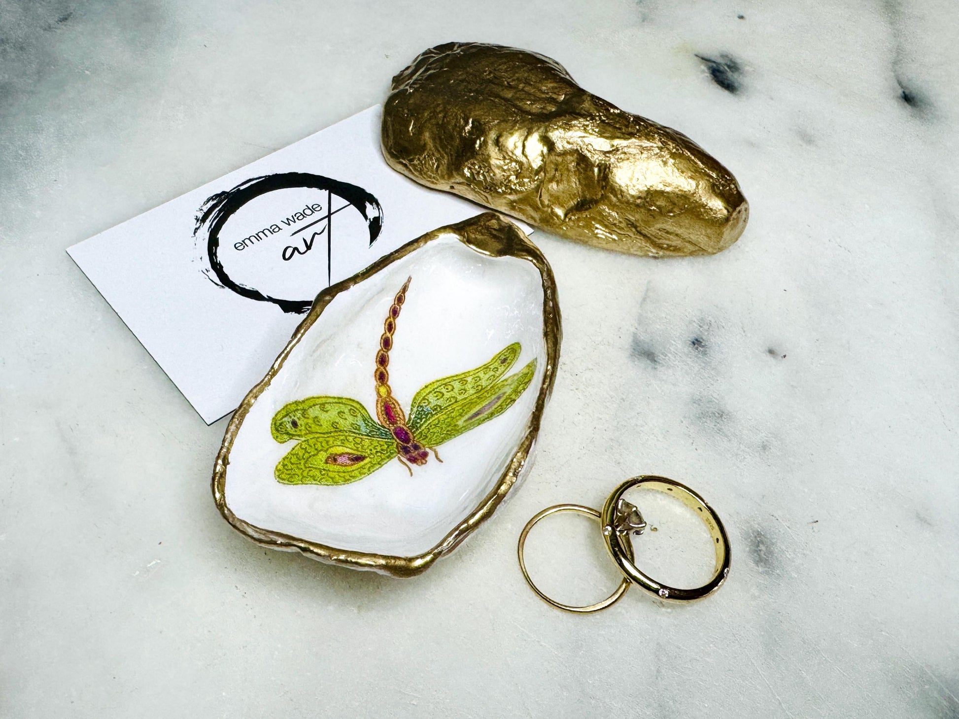 dragonfly oyster shell dish, Dorset oyster shell trinket jewellery holder, handmade dragonfly gift for nature lovers, gold leaf gilded oyster shell ornament, dragonfly symbolism decor, oyster shell salt and pepper pinch pot, oyster shell cufflink dish, dragonflies coastal bathroom accessory, unique handmade oyster shell jewellery tray, eco friendly dragonfly oyster shell art, dragonfly coastal wedding favour, dragonfly themed anniversary gift, Dorset handmade oyster shell dish