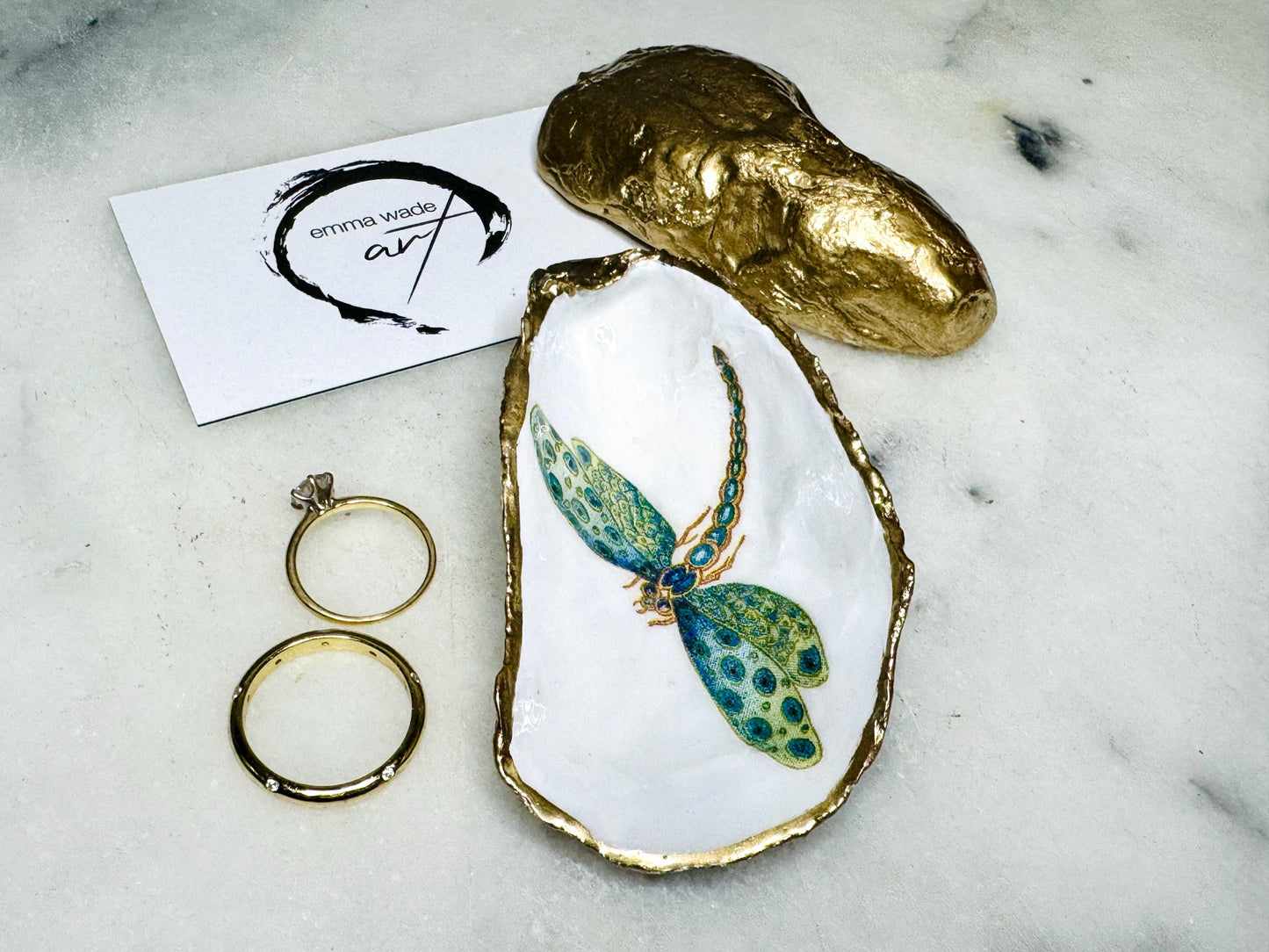 dragonfly oyster shell dish, Dorset oyster shell trinket jewellery holder, handmade dragonfly gift for nature lovers, gold leaf gilded oyster shell ornament, dragonfly symbolism decor, oyster shell salt and pepper pinch pot, oyster shell cufflink dish, dragonflies coastal bathroom accessory, unique handmade oyster shell jewellery tray, eco friendly dragonfly oyster shell art, dragonfly coastal wedding favour, dragonfly themed anniversary gift, Dorset handmade oyster shell dish