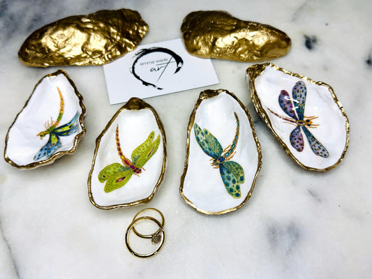 dragonfly oyster shell dish, Dorset oyster shell trinket jewellery holder, handmade dragonfly gift for nature lovers, gold leaf gilded oyster shell ornament, dragonfly symbolism decor, oyster shell salt and pepper pinch pot, oyster shell cufflink dish, dragonflies coastal bathroom accessory, unique handmade oyster shell jewellery tray, eco friendly dragonfly oyster shell art, dragonfly coastal wedding favour, dragonfly themed anniversary gift, Dorset handmade oyster shell dish