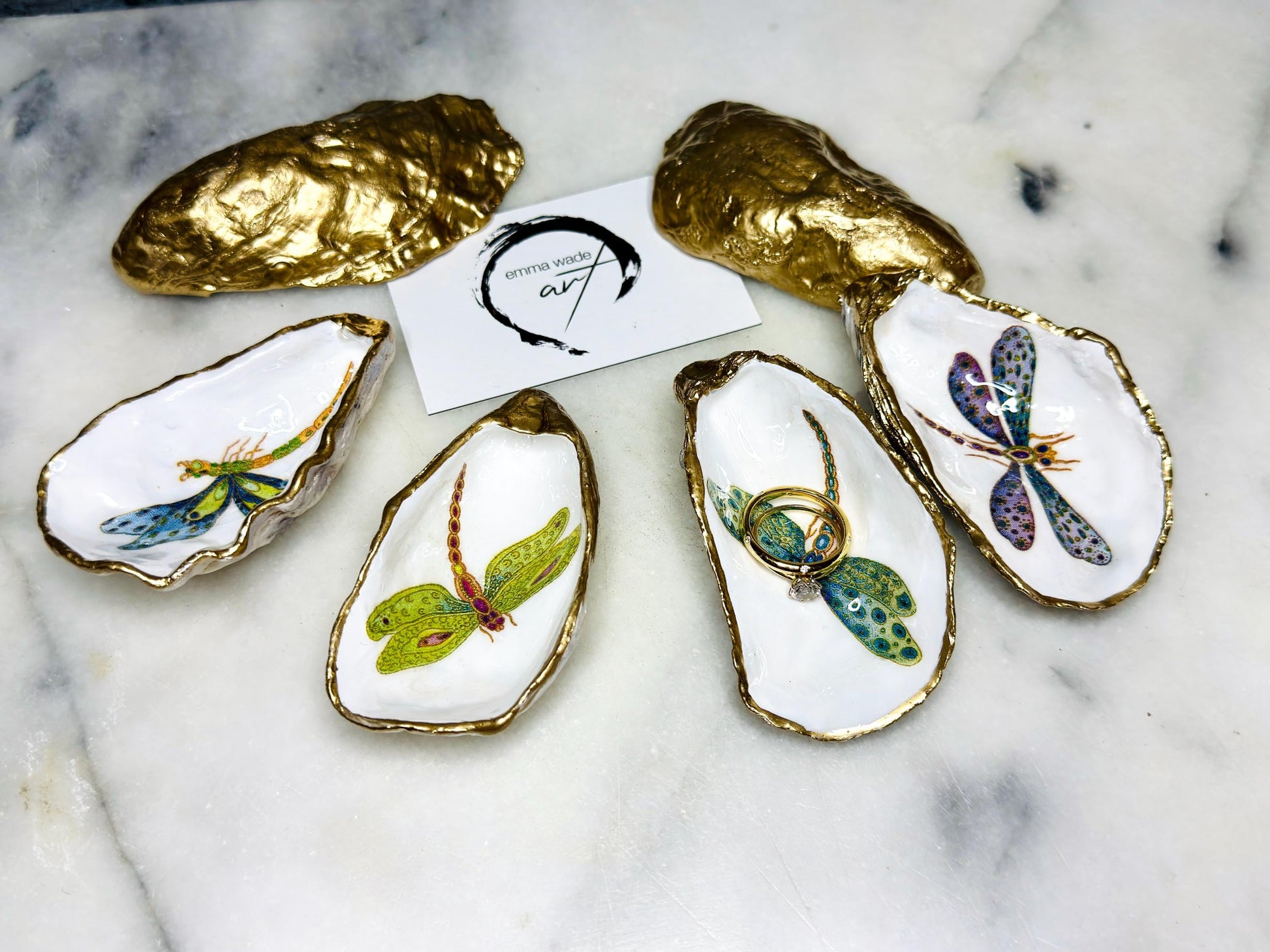 dragonfly oyster shell dish, Dorset oyster shell trinket jewellery holder, handmade dragonfly gift for nature lovers, gold leaf gilded oyster shell ornament, dragonfly symbolism decor, oyster shell salt and pepper pinch pot, oyster shell cufflink dish, dragonflies coastal bathroom accessory, unique handmade oyster shell jewellery tray, eco friendly dragonfly oyster shell art, dragonfly coastal wedding favour, dragonfly themed anniversary gift, Dorset handmade oyster shell dish