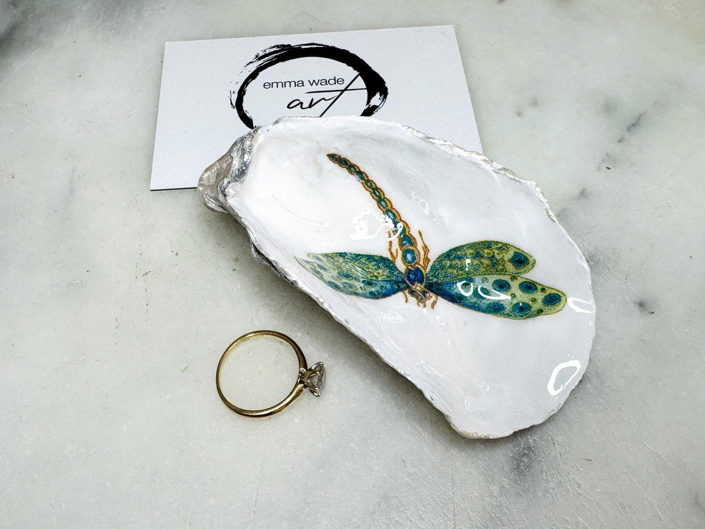 dragonfly oyster shell dish, Dorset oyster shell trinket jewellery holder, handmade dragonfly gift for nature lovers, gold leaf gilded oyster shell ornament, dragonfly symbolism decor, oyster shell salt and pepper pinch pot, oyster shell cufflink dish, dragonflies coastal bathroom accessory, unique handmade oyster shell jewellery tray, eco friendly dragonfly oyster shell art, dragonfly coastal wedding favour, dragonfly themed anniversary gift, Dorset handmade oyster shell dish